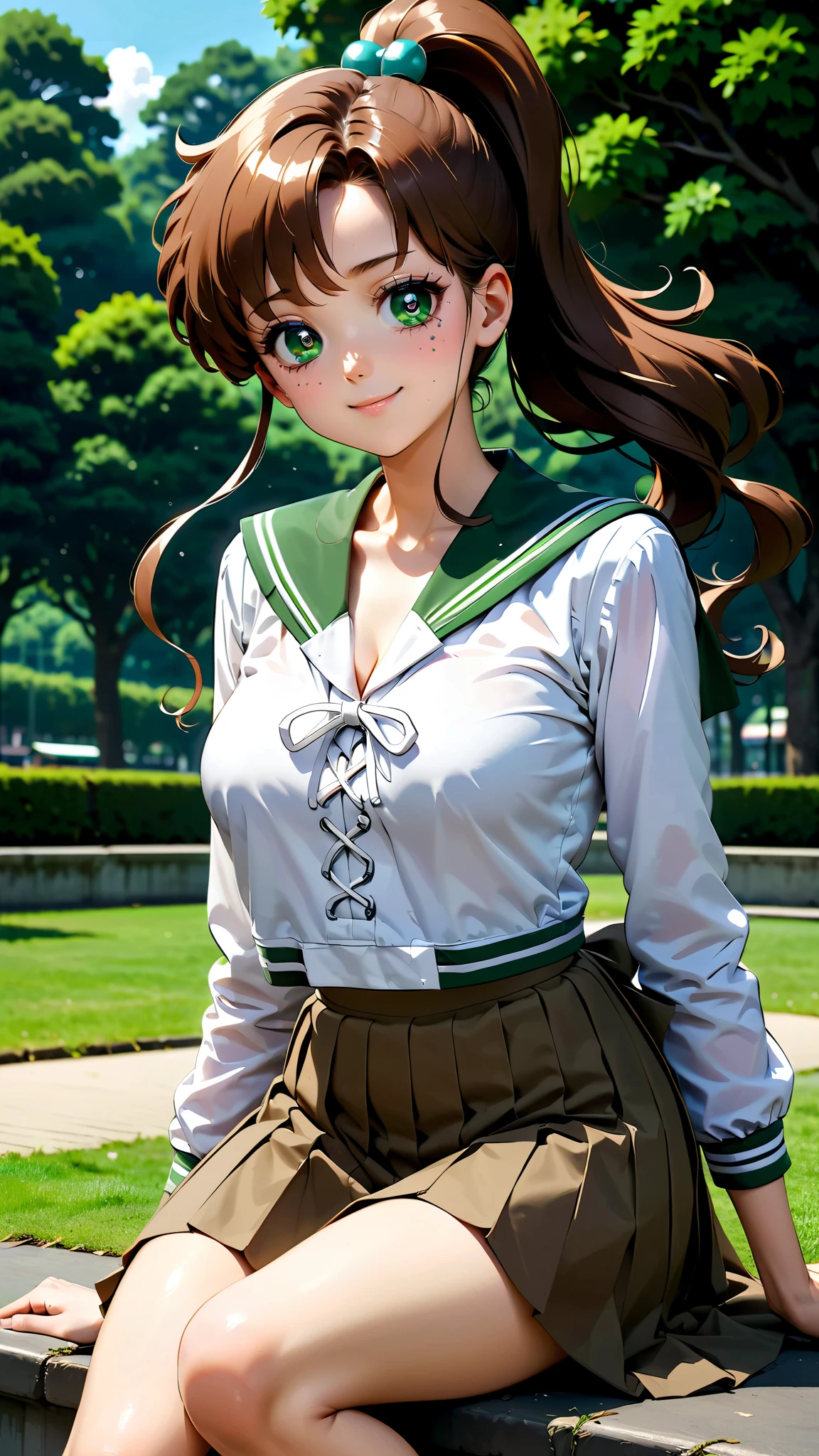 masterpiece, best quality, very aesthetic, ultra detailed), intricate details, solo, aajupiter, long hair, ponytail, hair bobbles, green eyes, serafuku, brown sailor collar, white shirt, long sleeves, long skirt, brown skirt, shiny skin, smile, posing full body, looking at viewer, outdoors, school park, perfect anatomy, smug, Enchanting Eyes, focus drawn to eyes, highly detailed eyes, sparkles in eyes