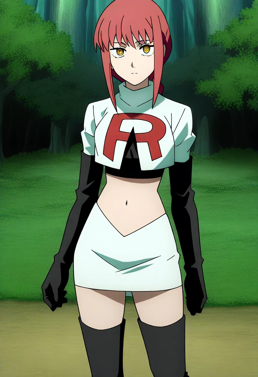 ilima,8k, masterpiece,highres,very large breast, team rocket uniform, red letter r, white skirt,white crop top,black thigh-high boots, black elbow gloves, glaring angrily, looking down at viewer, hands on hips, cowboy shot, zettai ryouiki,from below, black panties,anime style, vivid colors, sharp focus, intense lighting,