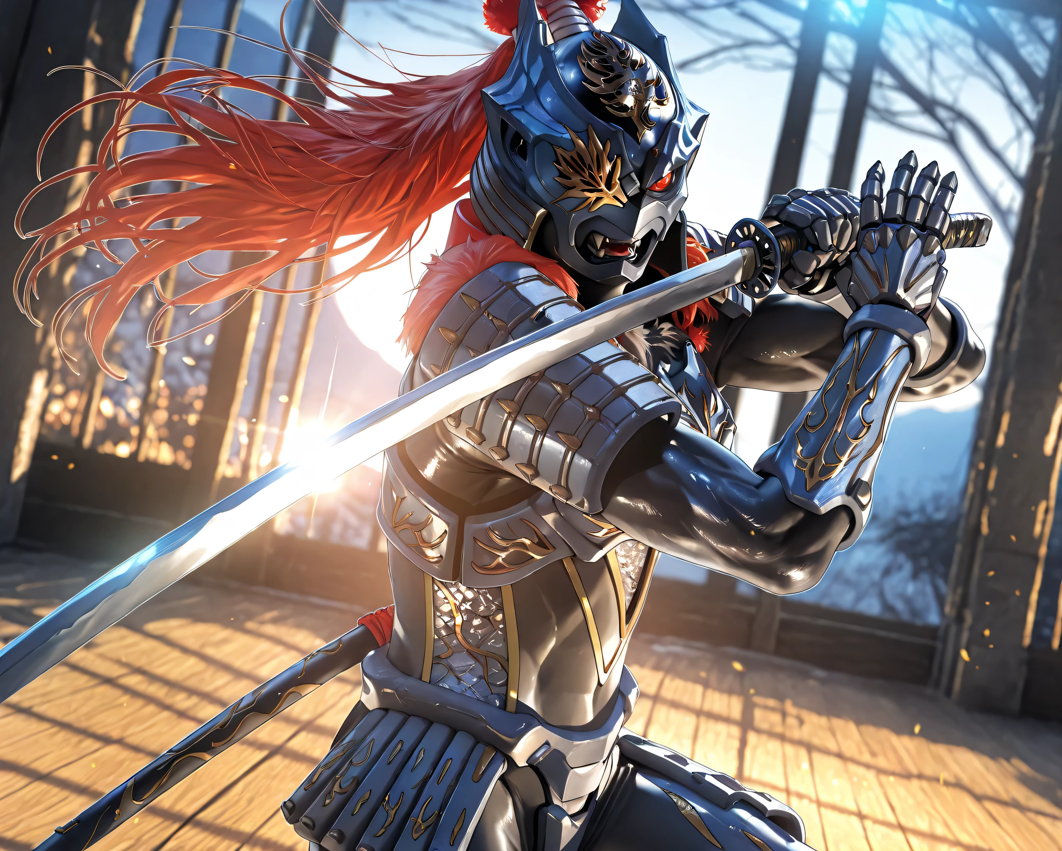masterpiece, best quality, official art, detailed, realistic, game cg, ultra-detailed, beautiful detailed eyes, very aesthetic, solo, furry male, shiny skin, (Zamushar), red hair, (pitch black body), white pupils, fangs, uneven eyes, (one-eyed:1.2), chest armor, (waist armor:1.2), Gauntlets, (muscular), leg guard, sword guard stance, sword, weapon, solo, katana, holding, holding weapon, holding sword, looking at viewer, high collar, cowboy shot, dynamic pose, vibrant colors, floating hair, (five fingers), BREAK, (dutch angle), (blurry background), dynamic lighting, rim lighting, dawn,