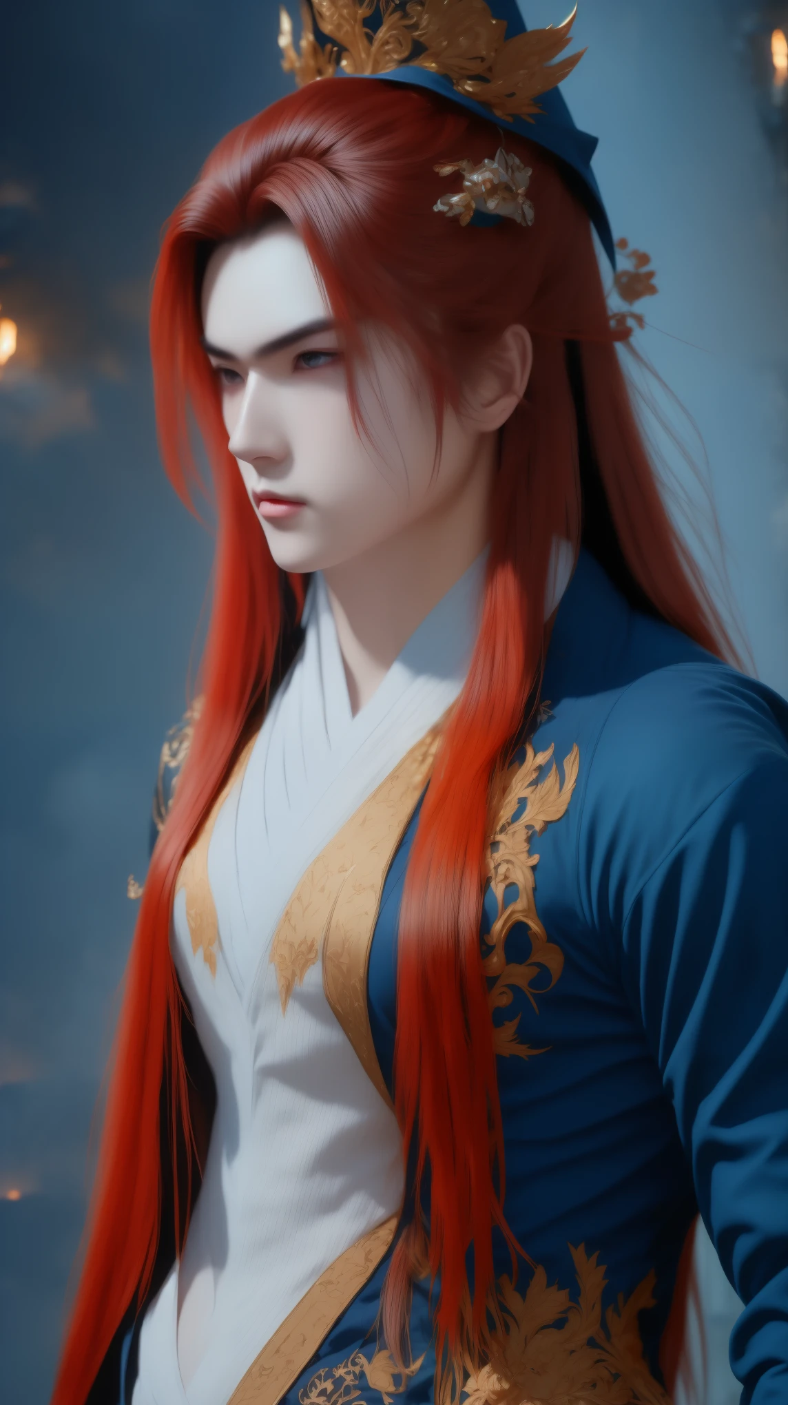 ''A beautiful portrait of Vuong Lam exudes a cold, majestic demeanor mixed with a bit of loneliness. His deep, dark blue eyes reflect resilience, experience and an inscrutable inner world, representing a man whose life has been shaped by countless challenges but remains steadfast. His handsome, sharp face exudes determination and intelligence. He has long flowing red hair in the ancient Xianxia style, enhancing his ethereal appearance. He wore an exquisite Xianxia-style outfit that radiated power and elegance. His outfit is in the style of the Xianxia and has blue embroidered edges, layered under a dark gray overcoat decorated with intricate sunken patterns. The color palette—black, brown, and gray—conveys maturity and mystery, blending perfectly into the world of immortals. The atmospheric background is hazy and ethereal, with subtle energy swirling around him, adding depth to his mysterious aura. The lighting is dramatic, emphasizing his noble yet melancholy presence. Incredibly detailed cinematic compositions, hyper-realistic textures, 8K resolution, fantasy-inspired masterpiece."