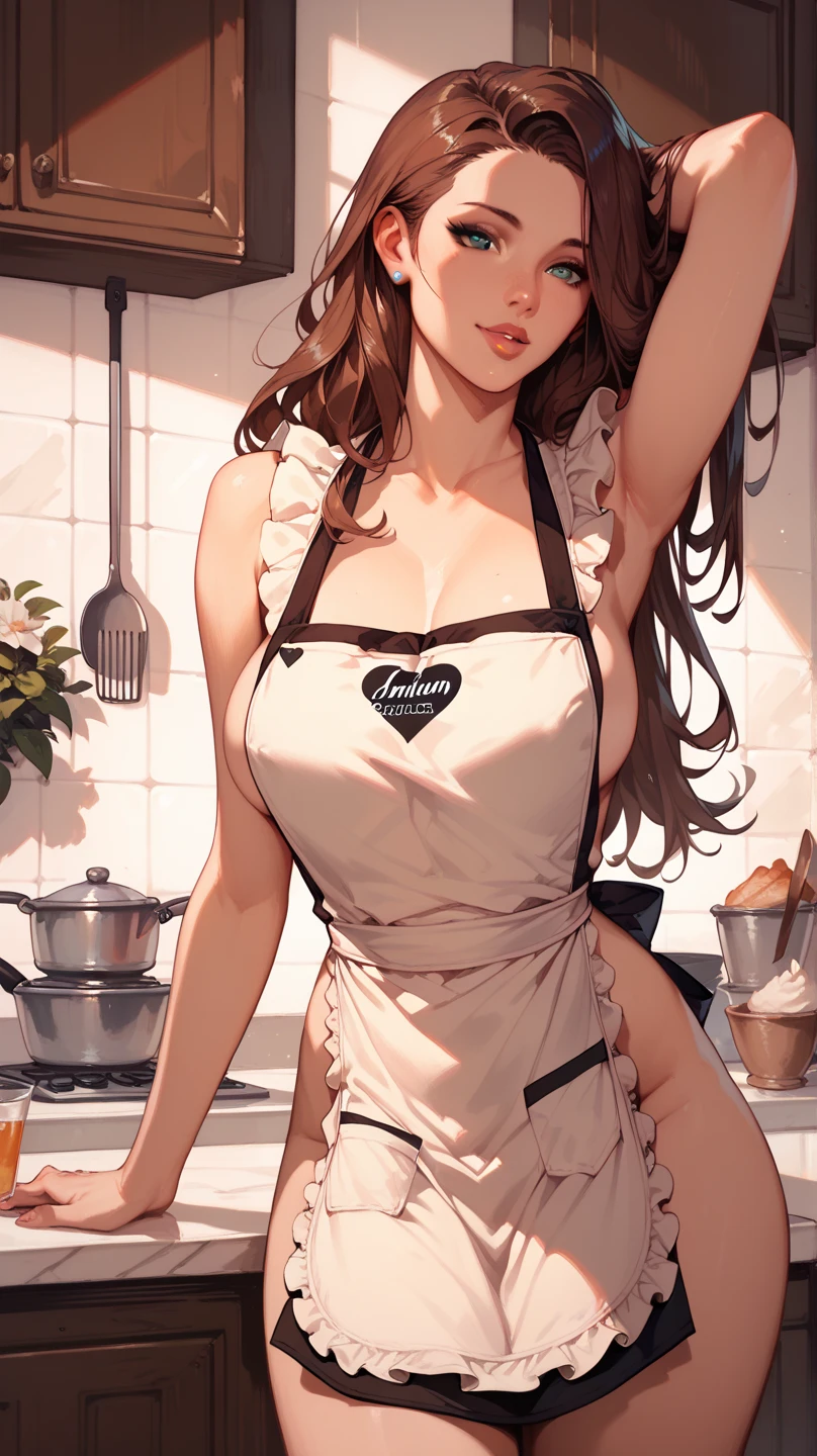 1girl, solo, brown hair, mature woman, large breasts, thighs, tall, (naked:1.2), apron, smiling, (blushing:1.1), kitchen