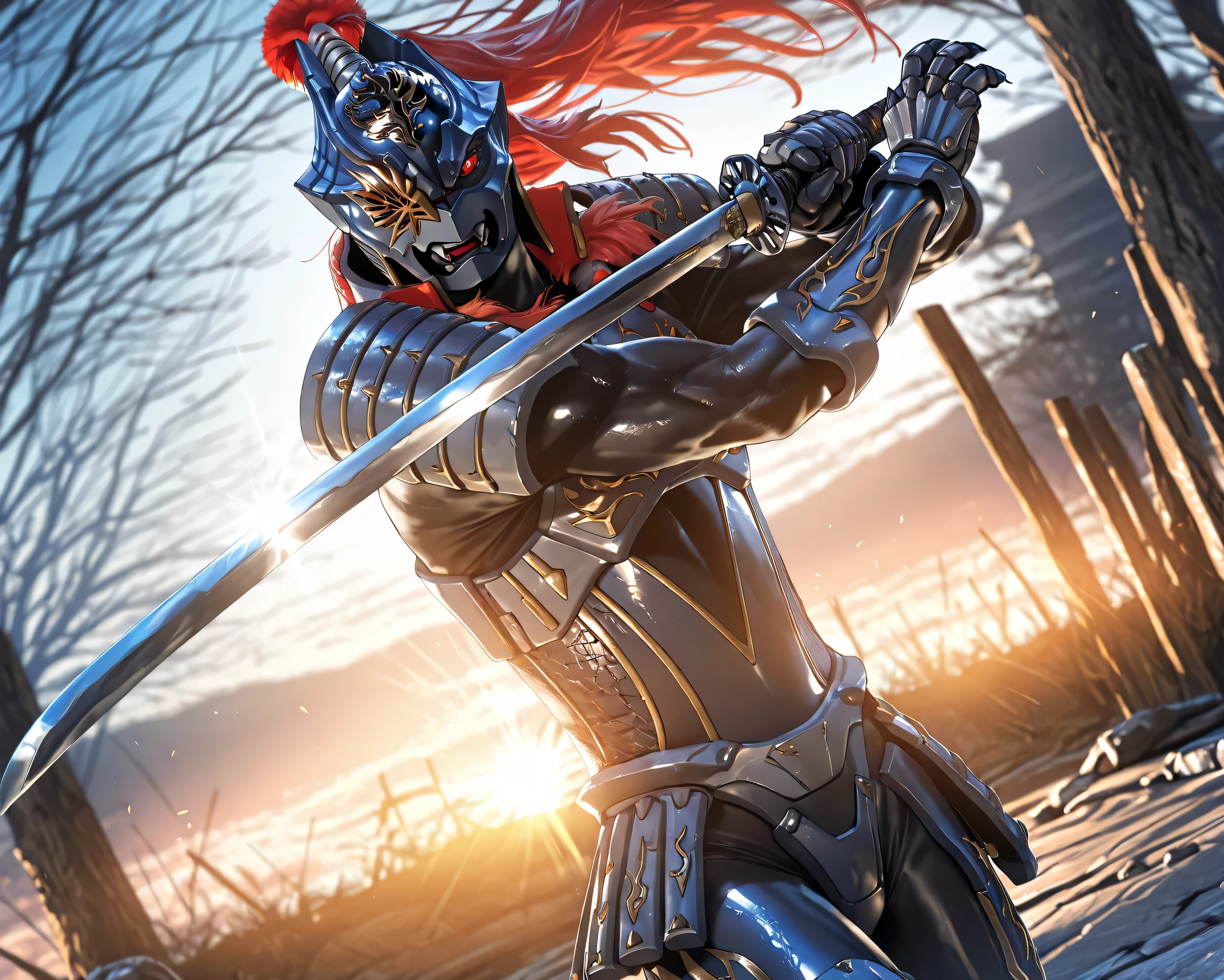 masterpiece, best quality, official art, detailed, realistic, game cg, ultra-detailed, beautiful detailed eyes, very aesthetic, solo, furry male, shiny skin, (Zamushar), red hair, (pitch black body), white pupils, fangs, uneven eyes, (one-eyed:1.2), chest armor, (waist armor:1.2), Gauntlets, (muscular), leg guard, detailed armor, sword guard stance, sword, weapon, solo, katana, holding, holding weapon, holding sword, looking at viewer, high collar, cowboy shot, dynamic pose, vibrant colors, floating hair, (five fingers), BREAK, (dutch angle), (blurry background), dynamic lighting, rim lighting, dawn,