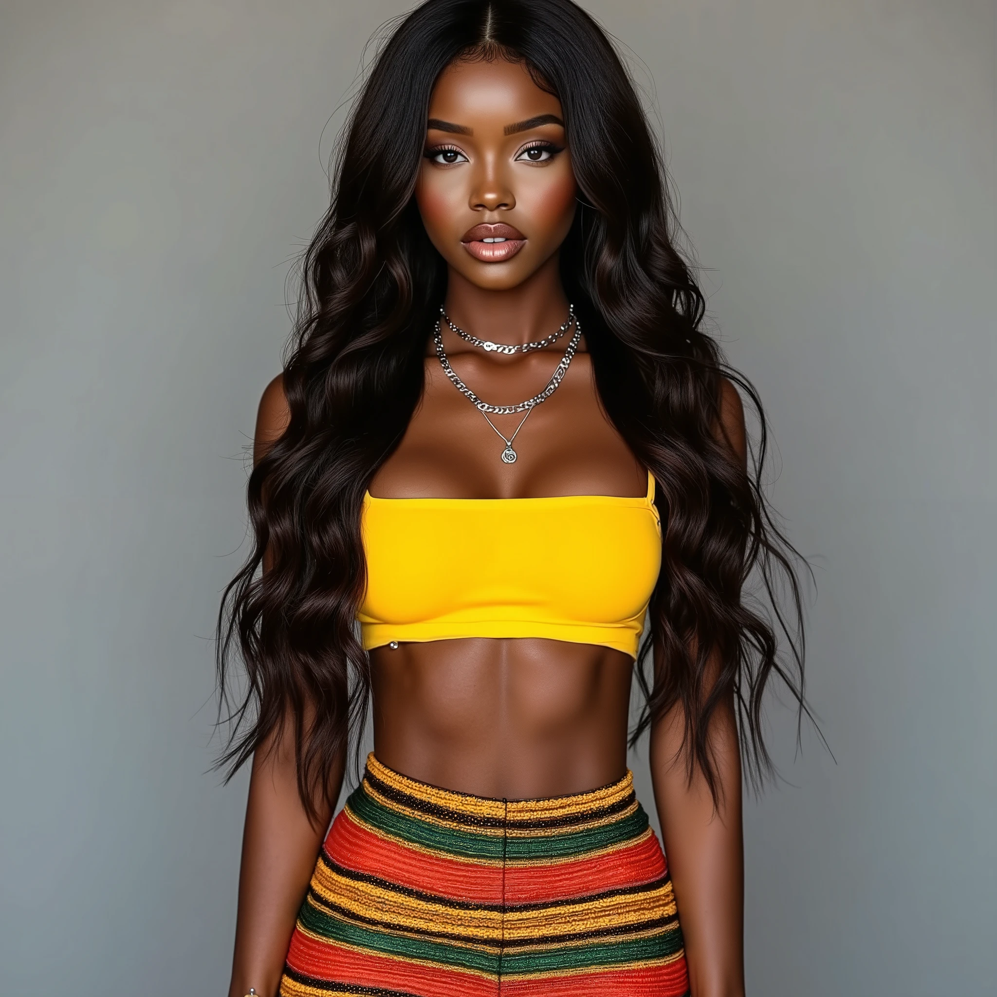 Beautiful black woman wearing a yellow bustie and a red green and yellow mini skirt, long hair, gray background thread necklaces for cutout. ultra defined, Masterpiece, 16k