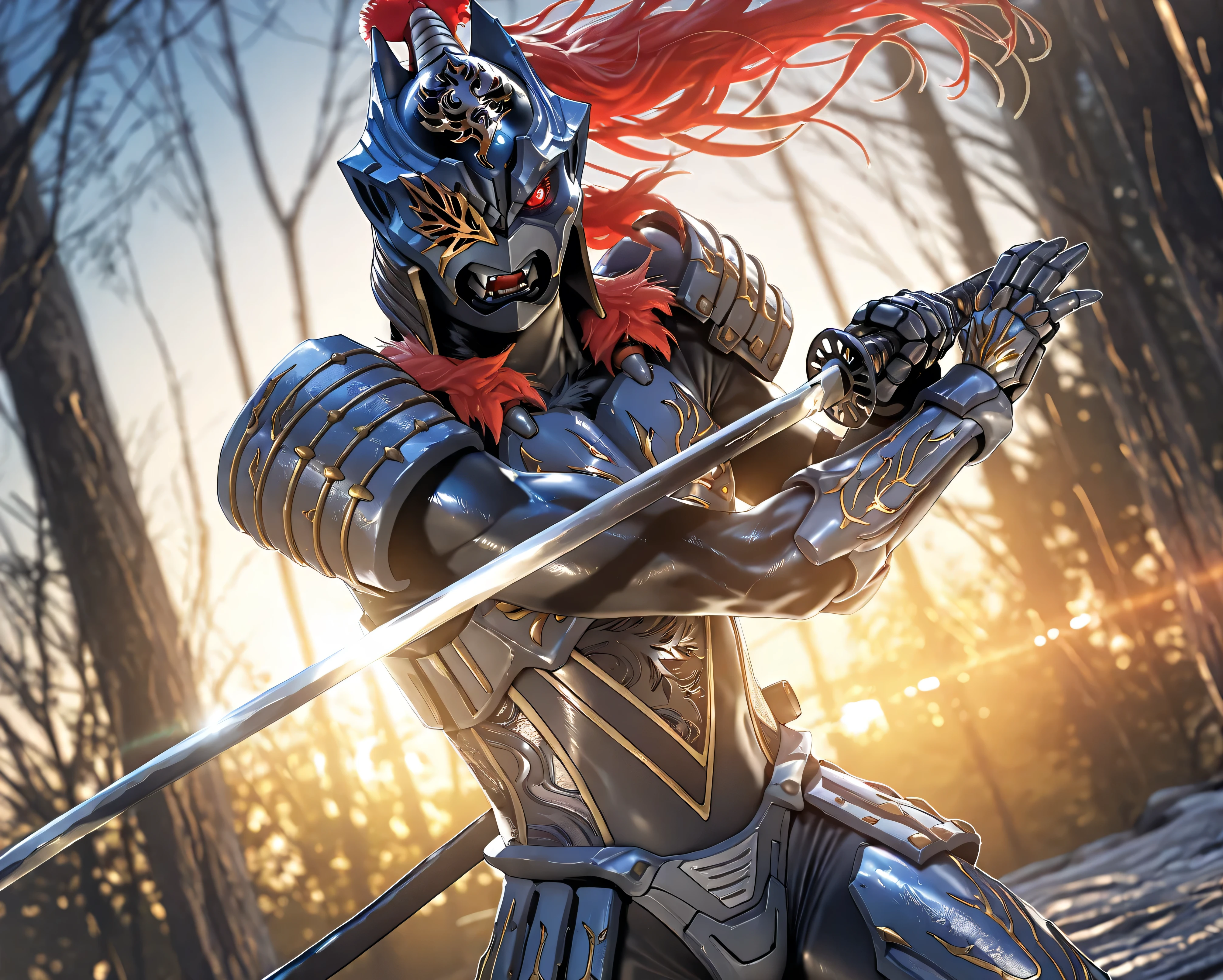 masterpiece, best quality, official art, detailed, realistic, game cg, ultra-detailed, beautiful detailed eyes, very aesthetic, solo, furry male, shiny skin, (Zamushar), red hair, (pitch black body), white pupils, fangs, uneven eyes, (one-eyed:1.2), chest armor, (waist armor:1.2), Gauntlets, (muscular), leg guard, detailed armor, sword guard stance, sword, weapon, solo, katana, holding, holding weapon, holding sword, looking at viewer, high collar, cowboy shot, dynamic pose, vibrant colors, floating hair, (five fingers), BREAK, (dutch angle), (blurry background), dynamic lighting, rim lighting, dawn, 