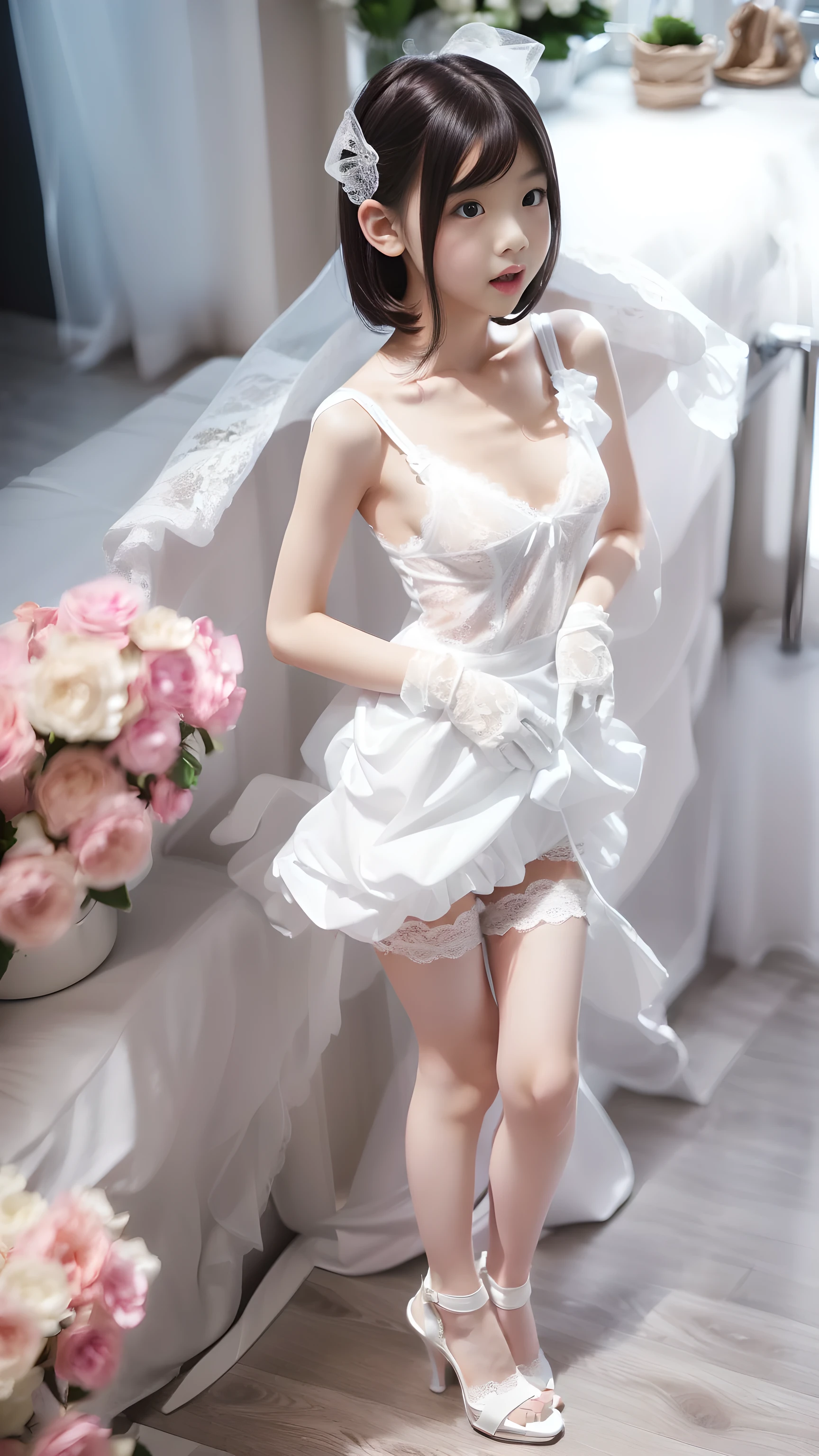 (((Full body portrait:1.5))),(Frightened face),(open mouth vertically),(very short pure white lace miniskirt),(female masturbation),(small breasts:1.5),(very cute petite Japanese girl with a slender body and a baby face),(Short stature and skinny body),(short limbs),(extremely cute girls),(Pure white dress with a very short miniskirt),(white underwear),(thin thighs),(hands on buttocks),(drunk),(Voyeur from the side),(facing forward),white hair ribbon,white lace gloves,white stiletto heels,own home,Ultra high definition,Highest quality,high resolution,Extremely detailed depiction,super detailed skin