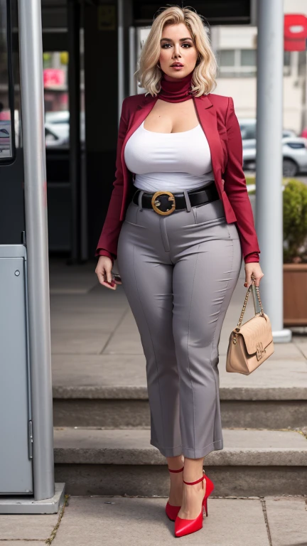 (ultra-detailed, photorealistic, best quality,4k,8k,highres,masterpiece:1.3), Cuban woman, age 28, real estate agent, very attractive, allure physique, She uses flirtatious behavior and seduction as tools to close deals, Always dressed provocatively, her outfits enhance her high sex appeal and contribute to her successful career, Her outfit includes a Top: A low-cut, fitted blazer from Balmain that's bold and provocative, yet maintains a professional edge, Bottom: A pair of tailored, high-waisted trousers from Stella McCartney that highlight her figure while keeping the look business-appropriate, Shoes: A pair of strappy, high-heeled sandals from Jimmy Choo adding a touch of glamor and height, Accessories: A statement choker necklace from Alexander McQueen and a Bulgari Serpenti bracelet that add a touch of luxury and daring femininity, Bag: A bold, red leather tote from Saint Laurent for carrying documents and essentials, adding a pop of color to her outfit, (((intricate detail, super finely detailed hands, ultra finely detailed fingers, ten fingers, striding confidently, full body showcase, show full body))).