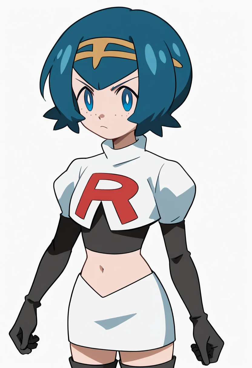 8k, anime screencap,1girl in, (solo:1.1), (perfect body:1.1), (best quality:1.1), very large breast, team rocket uniform, red letter r, white skirt,white crop top,black thigh-high boots, black elbow gloves, evil smile, looking down at viewer, hands on hips,zettai ryouiki,