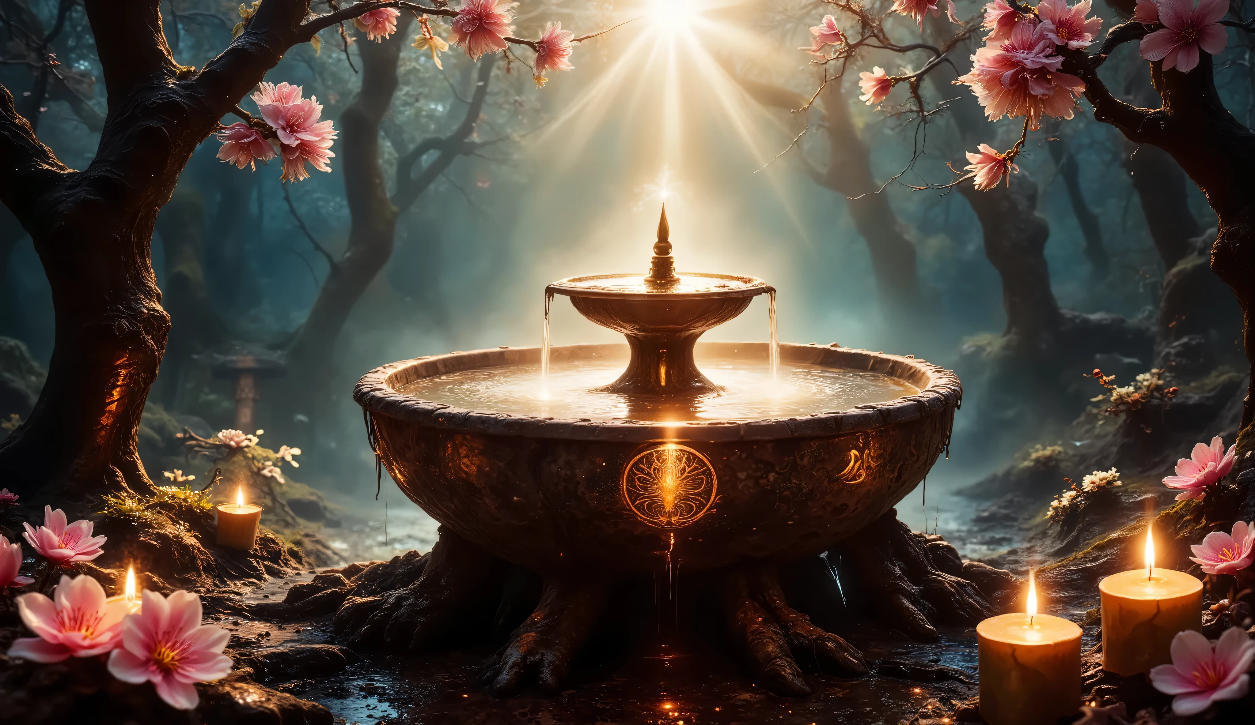 A beautifully detailed anime-style rendering of an ancient water fountain resting atop a sturdy, gnarled tree branch, its surface engraved with glowing magical runes and inlaid with shimmering gemstones. Soft candlelight flickers around it, casting a dreamy, golden illumination. Wisps of magical energy swirl in the air, while delicate cherry blossoms drift through the scene. The background is a blurred, moonlit forest with hints of glowing flora, creating an ethereal, otherworldly ambiance.