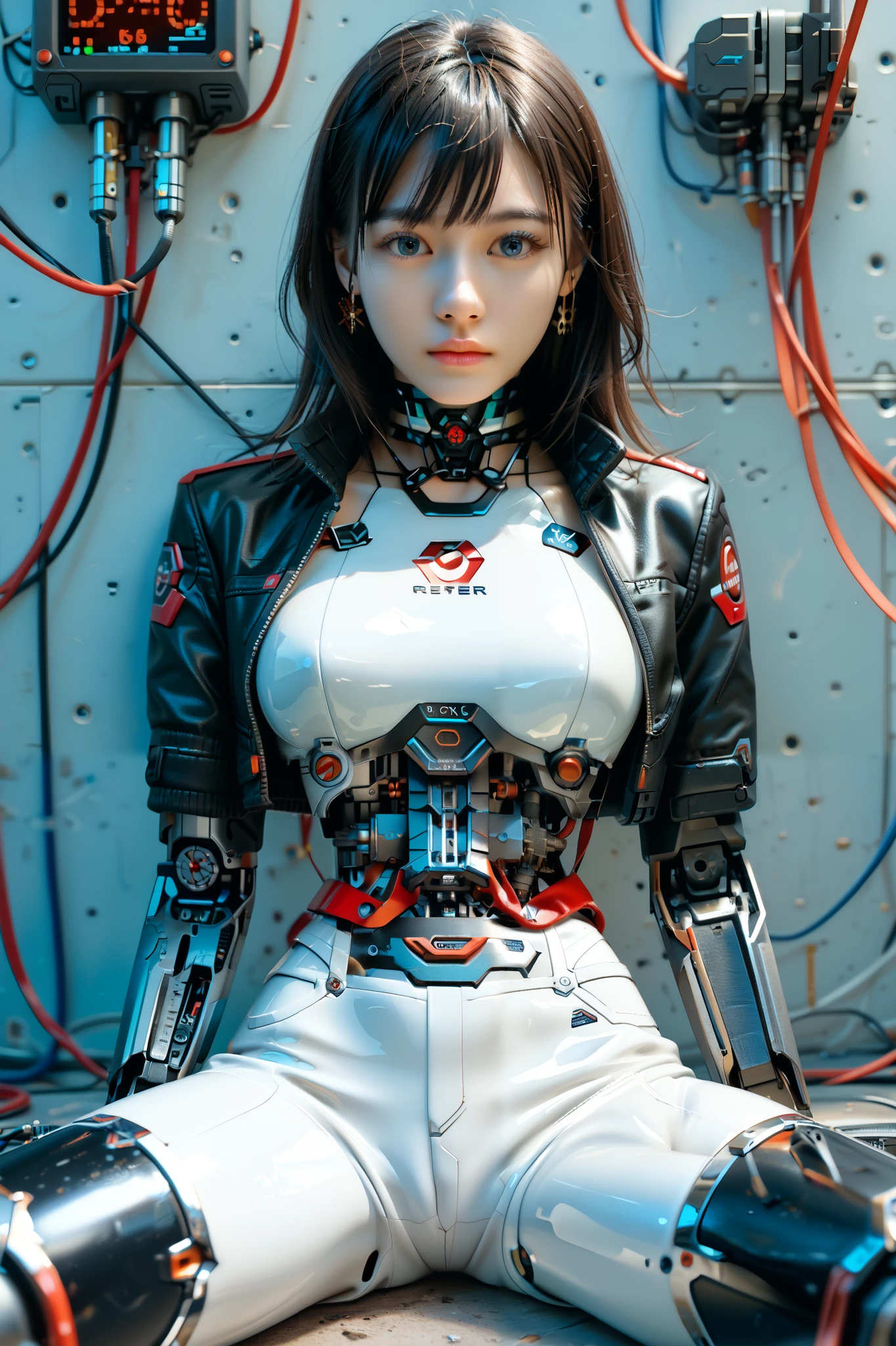 (((masterpiece))), (realism, realism texture, (science fiction, distant future), (top Quality, High Quality, top resolution, high resolution, (ultra detailed, high detailed))), (beautiful robot white latex racing model girl:1.4), (she is incredible machine:1.4), (beautiful face), (thin lips, wide mouth), blue lighting eyes, (polished short shorts:1.6), (robot armor:1.4), machine frame, (black metallic latex cropped jacket:1.3), (steel knee-high greaves, (mechanical hands)), (robot joint:1.3), (robot neck joint:1.6), (machine parts, electronic component, complete parts, wiring:1.4), (broken arms, broken belly, broken breasts), frame of perfect machine, straight hair, Expressionless face, (cowboy shot:1.5), (closed mouth), (futuristic city), (sitting:1.2), (spread legs:1.5), She looked down, (from above:1.3)