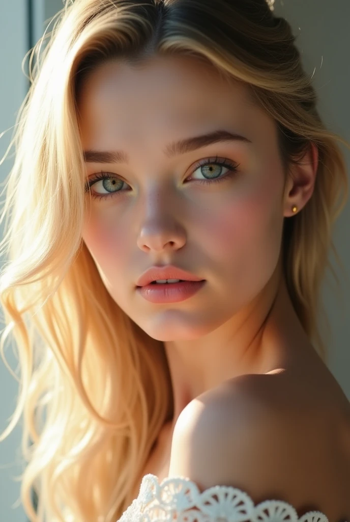  A pretty young woman , Dark eyed blonde,  pretty face 