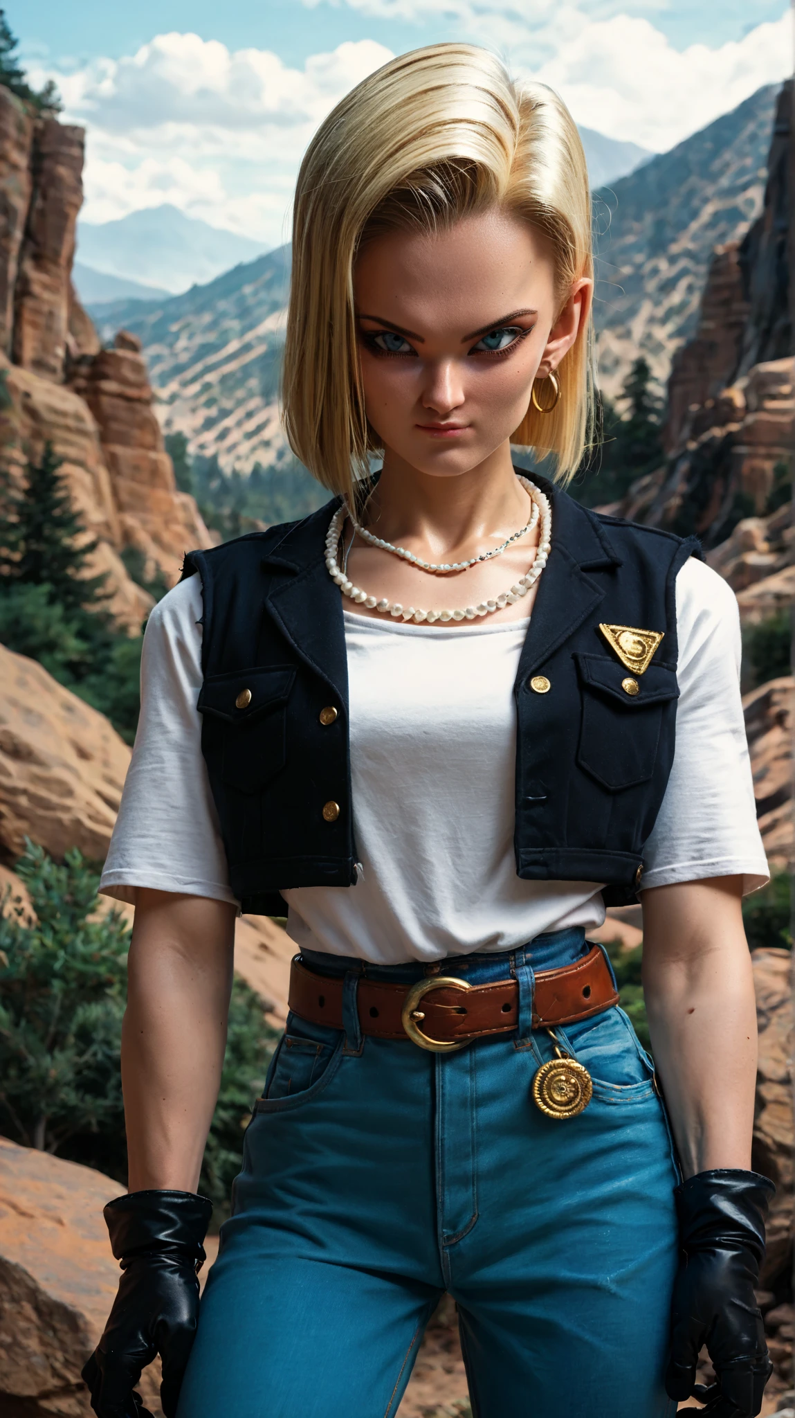score_9,score_8_up,score_7_up,score_9,score_8_up,score_8,ultra detailed,beautiful face,highres BREAK Android18SDXL,1girl,solo,short hair,blue eyes,blonde hair,gloves,jewelry,earrings,black gloves,belt,pants,necklace,vest,denim,jeans,pearl necklace,high-waist pants,android 18,cowboy shot,mountains, trees , stones , desert background