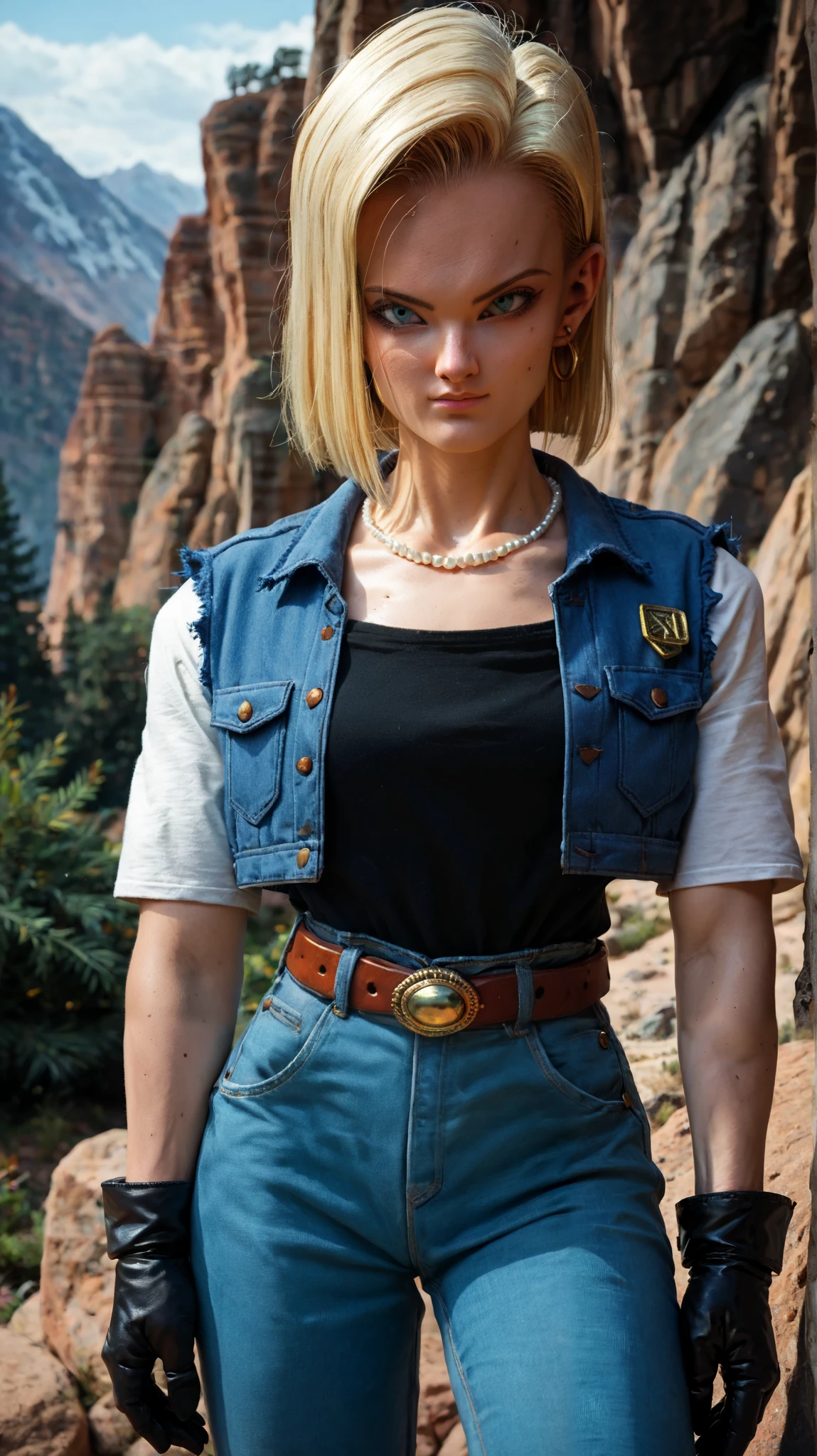 score_9,score_8_up,score_7_up,score_9,score_8_up,score_8,ultra detailed,beautiful face,highres BREAK Android18SDXL,1girl,solo,short hair,blue eyes,blonde hair,gloves,jewelry,earrings,black gloves,belt,pants,necklace,vest,denim,jeans,pearl necklace,high-waist pants,android 18,cowboy shot,mountains, trees , stones , desert background