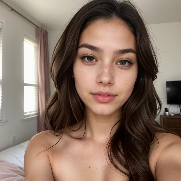 ((La mejor calidad)), ((Obra maestra)), (Detallado), Cara perfecta Arafed Mujer Completa, con ojos azules, escote, ultra realista, meticulosamente detallado, retrato de Sophie Mudd, cabello rubio y ojos grandes, selfie de una mujer joven, Ojos del dormitorio, Violeta Myers, sin maquillaje, Maquillaje natural, staring directly into camera, artgrama facial, maquillaje sutil, Impresionante foto de todo el cuerpo arrodillado en la cama, en el dormitorio, Medium and large breast, permitiendo que la cara se vea claramente, retrato