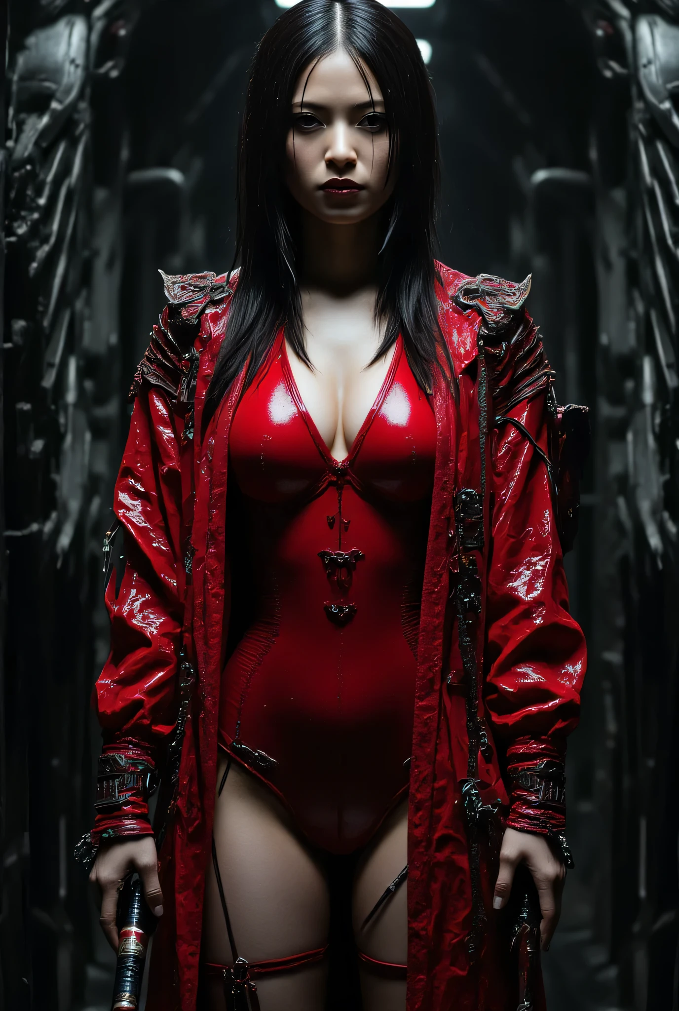 (((The dark interior of the Nostromo ship :2.0))),((( HR Gigger Style Cyberpunk Atmosphere :2.0))),(((Hold a cyberpunk-style Japanese sword:2.0))), standing,((whole body:2.0)), one woman,( cute face),(Beautiful well-balanced face ),(( natural big breasted :2.0)),( black hair:1.5),( beautiful eyes:1.3), glamorous shot of a 20 year old Japanese woman , Slender Beautiful Body ,(( model body type:2.0)),(( slim body with hot water:1.7)), perfect body line , ideal proportions ,(( big breasts:1.5)),(Bare thighs:1.3), sensual thighs, delicate body,( Muscular:1.7),A harmonious posture,((Realistic breast depiction :1.7)), carefully depict limbs based on perfect anatomy,((Futuristic Samurai Style Red Super High Leg Leotard :2.0)),((a super high leg leotard made of fitted cammie-style latex:2.0)),((A red coat with an open front over a leotard:2.0)),(Steel armour on the shoulders :1.5),((Coat with iron decoration :2.0)),(ear monitor:1.5),((Tactical Holster:1.5)),( gloves:1.3), concept art ,(top quality:1.5),( Masterpiece:1.5),(超高resolution),resolution,UHD,( delicate depiction), carefully drawn with butterfly wings ,32K,((realistic skin texture:1.5)),((( Super realistic :1.5))), eyelashes,very detailed face,Highly detailed female hand,Sexy appearance,Very sensual,(Blurry Dim Backgrounds :1.5), professional photography,( Movie Lighting:2.0),(( Blade Runner Style Lights :2.0))