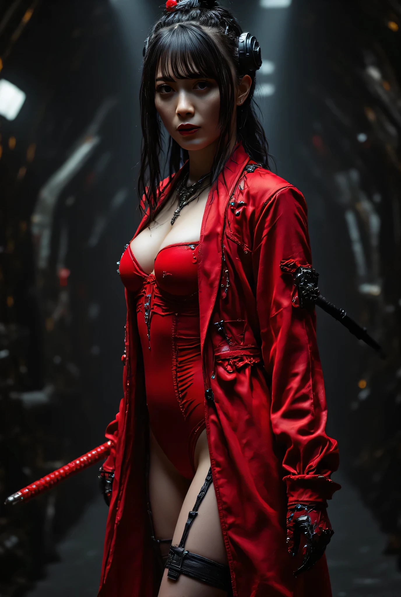 (((The dark interior of the Nostromo ship :2.0))),((( HR Gigger Style Cyberpunk Atmosphere :2.0))),(((Hold a cyberpunk-style Japanese sword:2.0))), standing,((whole body:2.0)), one woman,( cute face),(Beautiful well-balanced face ),(( natural big breasted :2.0)),( black hair:1.5),( beautiful eyes:1.3), glamorous shot of a 20 year old Japanese woman , Slender Beautiful Body ,(( model body type:2.0)),(( slim body with hot water:1.7)), perfect body line , ideal proportions ,(( big breasts:1.5)),(Bare thighs:1.3), sensual thighs, delicate body,( Muscular:1.7),A harmonious posture,((Realistic breast depiction :1.7)), carefully depict limbs based on perfect anatomy,((Futuristic Samurai Style Red Super High Leg Leotard :2.0)),((a super high leg leotard made of fitted cammie-style latex:2.0)),((A red coat with an open front over a leotard:2.0)),(Steel armour on the shoulders :1.5),((Coat with iron decoration :2.0)),(ear monitor:1.5),((Tactical Holster:1.5)),( gloves:1.3), concept art ,(top quality:1.5),( Masterpiece:1.5),(超高resolution),resolution,UHD,( delicate depiction), carefully drawn with butterfly wings ,32K,((realistic skin texture:1.5)),((( Super realistic :1.5))), eyelashes,very detailed face,Highly detailed female hand,Sexy appearance,Very sensual,(Blurry Dim Backgrounds :1.5), professional photography,( Movie Lighting:2.0),(( Blade Runner Style Lights :2.0))