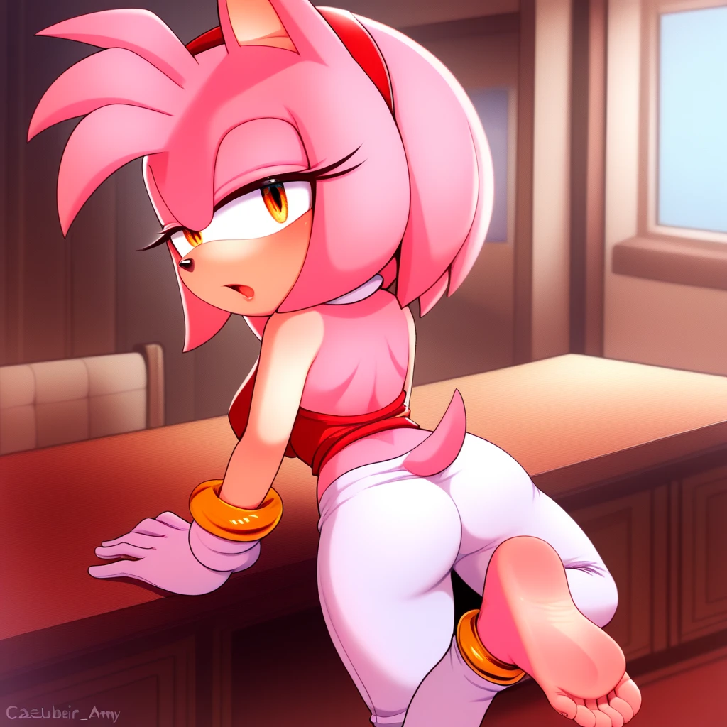 score_9, score_8_up, score_7_up, score_6_up, score_5_up, score_4_up, amy rose, (behind view), (ass focus) (2D anime style), anthro furry, pink fur, green eyes, small tail, medium breasts,  strapless, (cute red short dress), (red boots), (pantyshot), (cute white panties), (cameltoe), bare feet, bare hands, sexy curves, big head, (solo), on all fours, bending over, seductive pose, looking at viewer, seductive stare, (green park background), sunrays