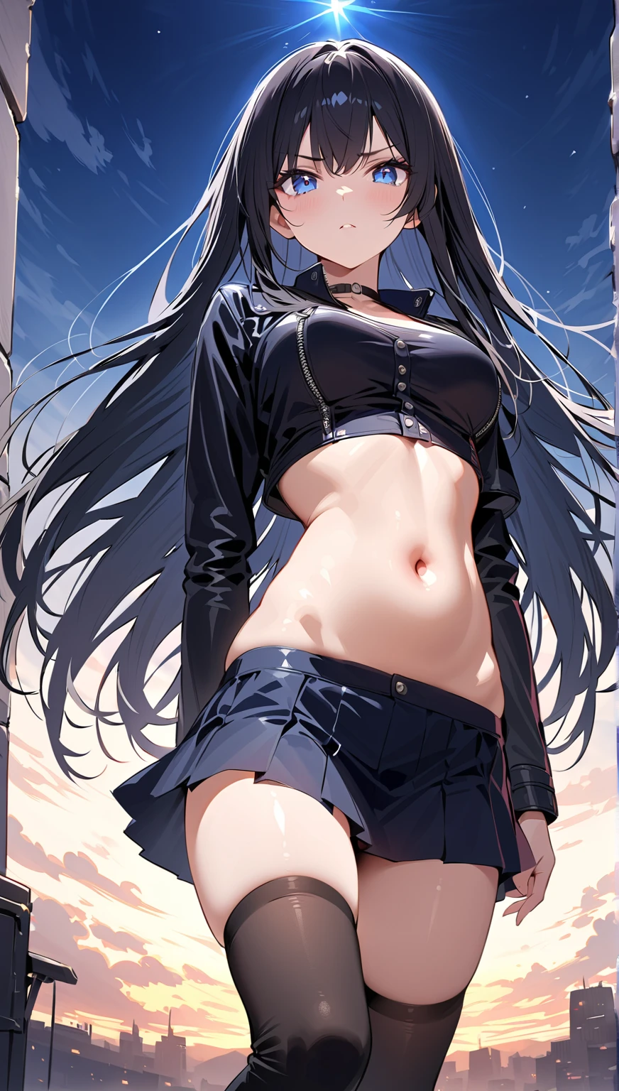 masterpiece,1 girl, 18-year-old, masterpiece, beautiful girl, Super detailed, highest quality, realistic, Transparent beauty, perfect face, detailed face, deep and fine eyes, sgardenling eyes, (Shiny blue beautiful eyes with reflection), glossy black hair, Long straight floating hair, light smile, blush, school sailor suit, serahuku, crop top, (Floating mini skirt), white knee high socks, (big breasts), shot from below, looking at the viewer, garden,