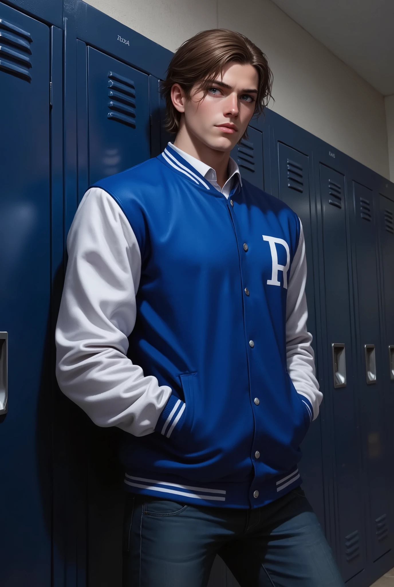 19 year old man, tall, defined, broad shoulders, disheveled brown hair, sharp jaw and blue eyes, his body is turned to the side but he looks straight ahead, he is wearing a royal blue school jacket with white and jeans, the background is a high school with dark blue lockers.