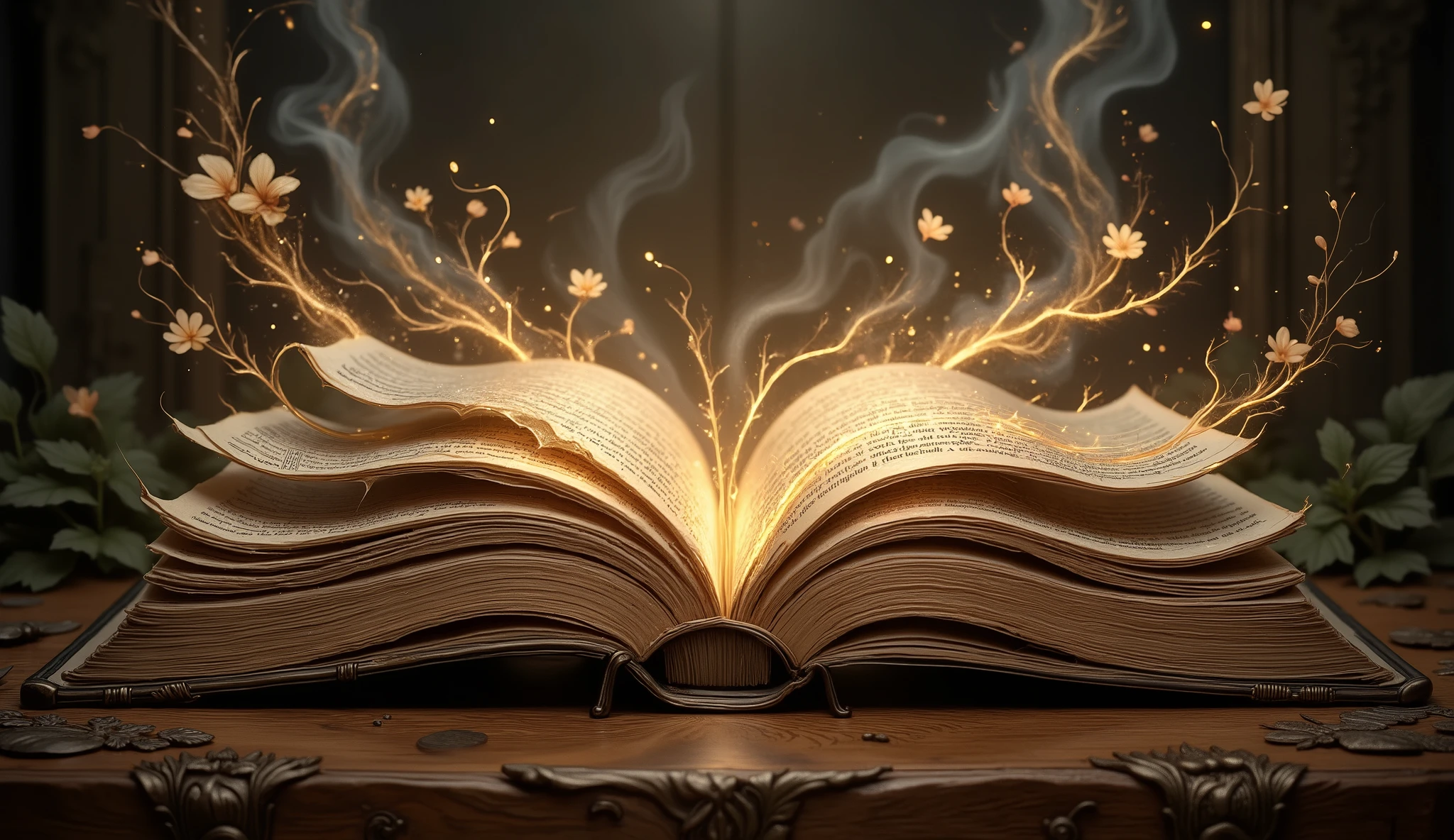 A majestic fairy-tale book, its spine gilded with intricate filigree, lays open upon a dimly lit antique desk. Double exposure reveals glowing spring’s flowers  sprawling across the left page, , while summer sunny shimmers on the right,. A spectral echo of summer glows in the blurred background, an unseen warmth lingering beyond the present moment. Cinematic lighting with an epic illustrated v3 style, photonic textures weaving abstract art with deco influence, a melancholic yet mesmerizing dreamscape.  
