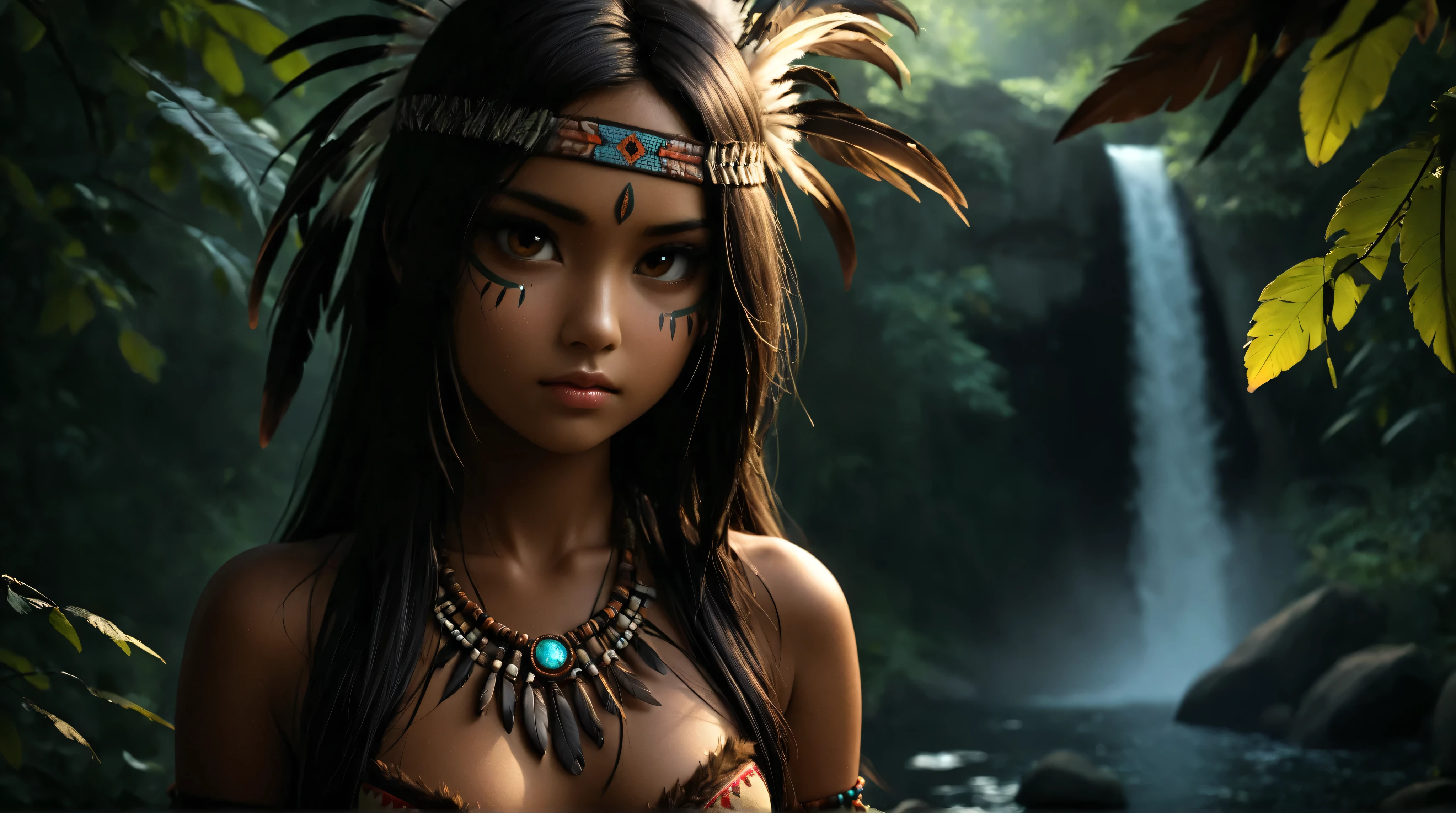 ((1girl)), ((solo)), (Realistic), (cute girl), (young girl), (), ((young)), native American alone at night in the forest, ((face paint)), ((dark skin)), adorned with beads and feathers, moonlight, ((brown eyes)), ((dark eyes)), ((beautiful face)), ((Long black hair)) ((straight hair)), ((feathers hanging from her hair)), ((small breast)), ((exposed breast)), upper body, ((slim waist)), ((standing upright in a river in the forest with the moonlight steaming through the leaves)), ((sexy pose)), navel, ((no top)), seductive smile, waterfall in the background, ((vibrant colors)),