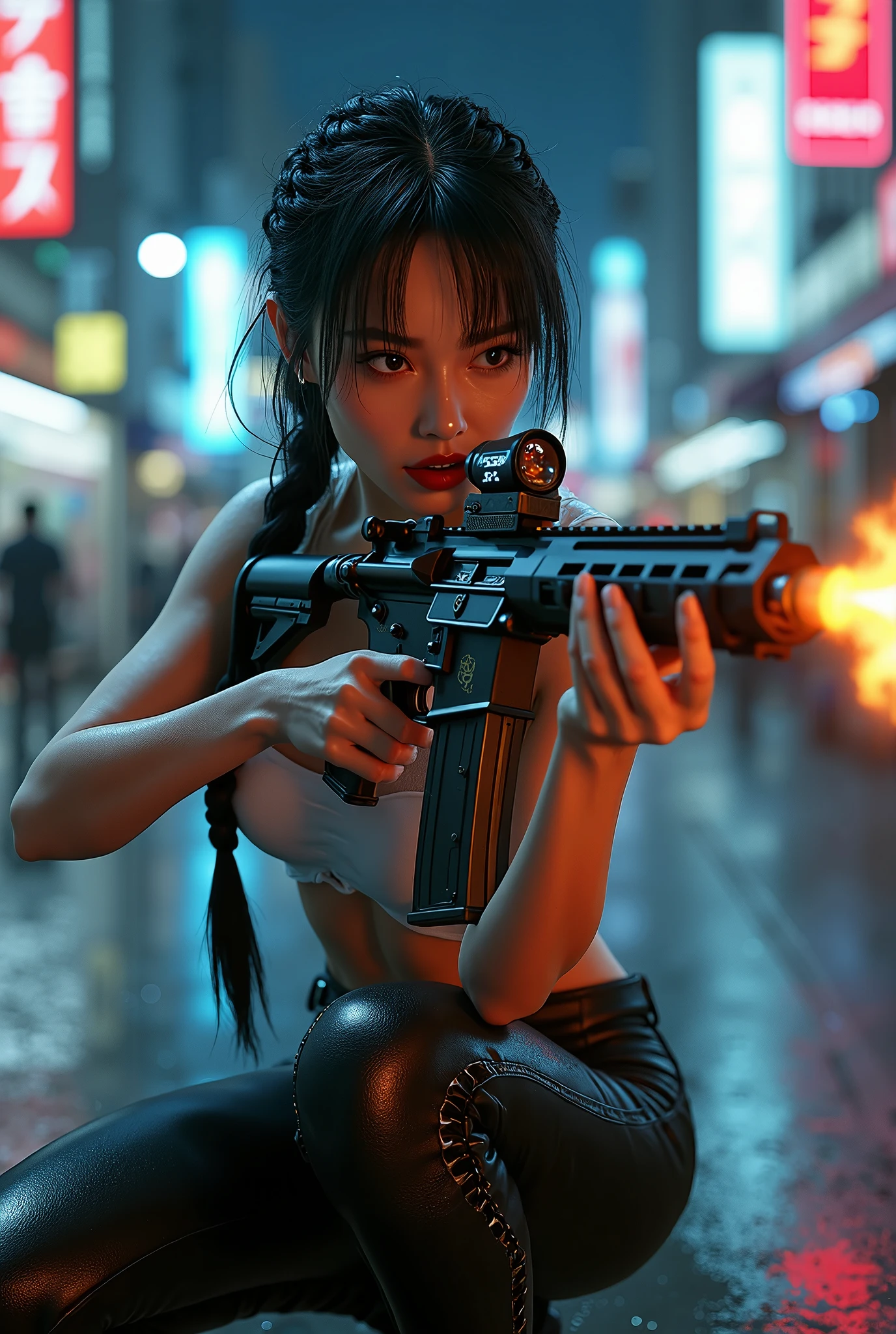 8k, Realistic Skin Texture, Realistic Photo, Neo Tokyo, slim Japanese women, large-breast:1.3 cleavage:1.2, AD2050 at night, Dirty hunting jacket, Wearing tube top, miniskirt, (((black sunglasses, automatic rifle, sneakers, cold, shooting pose, low angle view))), Innovative composition, revenge, cyberpunk, blade runner worldview, Large neon sign, Geisha hologram sign, Strong Wakamoto Sign.