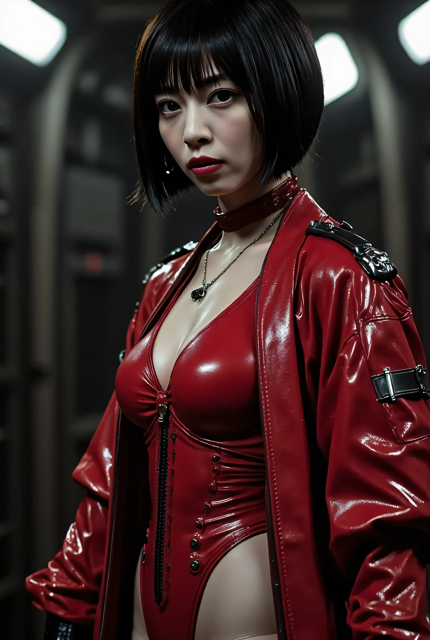 (((The dark interior of the Nostromo ship :2.0))),((( HR Gigger Style Cyberpunk Atmosphere :2.0))),(((Hold a cyberpunk-style Japanese sword:2.0))), standing,((whole body:2.0)), one woman,( cute face),(Beautiful well-balanced face ),(( natural big breasted :2.0)),( black hair:1.5),( beautiful eyes:1.3), glamorous shot of a 20 year old Japanese woman , Slender Beautiful Body ,(( model body type:2.0)),(( slim body with hot water:1.7)), perfect body line , ideal proportions ,(( big breasts:1.5)),(Bare thighs:1.3), sensual thighs, delicate body,( Muscular:1.7),A harmonious posture,((Realistic breast depiction :1.7)), carefully depict limbs based on perfect anatomy,((Futuristic Samurai Style Red Super High Leg Leotard :2.0)),((a super high leg leotard made of fitted cammie-style latex:2.0)),((A red coat with an open front over a leotard:2.0)),(Steel armour on the shoulders :1.5),((Coat with iron decoration :2.0)),(ear monitor:1.5),((Tactical Holster:1.5)),( gloves:1.3), concept art ,(top quality:1.5),( Masterpiece:1.5),(超高resolution),resolution,UHD,( delicate depiction), carefully drawn with butterfly wings ,32K,((realistic skin texture:1.5)),((( Super realistic :1.5))), eyelashes,very detailed face,Highly detailed female hand,Sexy appearance,Very sensual,(Blurry Dim Backgrounds :1.5), professional photography,( Movie Lighting:2.0),(( Blade Runner Style Lights :2.0))