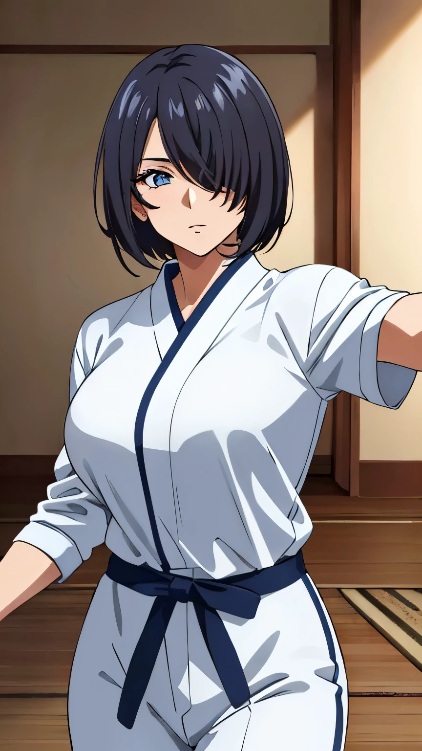 (Top quality, masterpiece, 8k), (anime coloring:1.2), very detailed, very detailed, perfect face, beautiful eyes, perfect eyes, detailed eyes, detailed face, ultra-detailed, detailed eyes, symmetrical eyes, sharp details, 1 girl, solo, healthy skin, (mature face:1.3), (short hair, hair over one eye), (black hair), (false eyelashes:1.2), (large breasts:1.2), 18 years old, healthy skin, slim, slim body, (judo uniform, dojo), (cowboy shot:1.3), (dynamic pose), looking at the viewer, in the center of the image