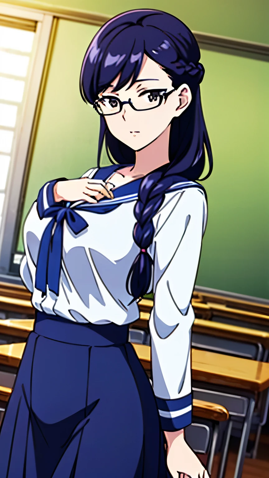 (masterpiece, best quality, high resolution, 8k:1.2), (anime coloring), unity 8k wallpaper, (beautiful detailed eyes:1.2), highly detailed face, perfect lighting, highly detailed CG, perfect hands, perfect anatomy, saten ruiko, 1 girl, young woman, bearish sentiment, (medium hair, black hair:1.1), (french braid:1.3), (black eyes, false eyelashes, glasses), (slim body), (large breasts:1.1), (highschool girl, white sailor suit, white long sleeve, navy blue ribbon, black skirt, classroom, have a camera), looking at the viewer, (cowboy shot:1.2), dutch angle