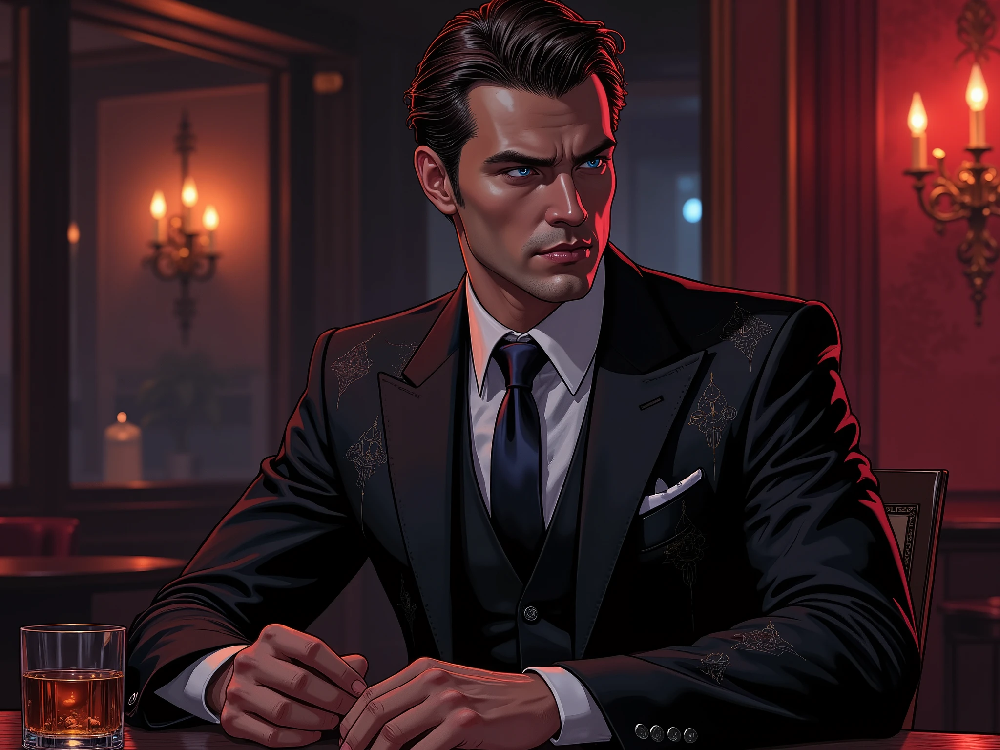 An ilustration of a sophisticated Tremere vampire with a modern yet timeless elegance. He is a tall, charismatic Caucasian man with a serious and enigmatic expression. His sharp, chiseled features are framed by neatly combed dark brown hair, and his piercing blue eyes seem to hold ancient secrets. He wears a tailored dark suit with subtle arcane patterns, paired with a silk tie and a pocket square, exuding class and authority. He is sitting at a table in a private room in a modern nightclub, there is aglass of whisky on the table.