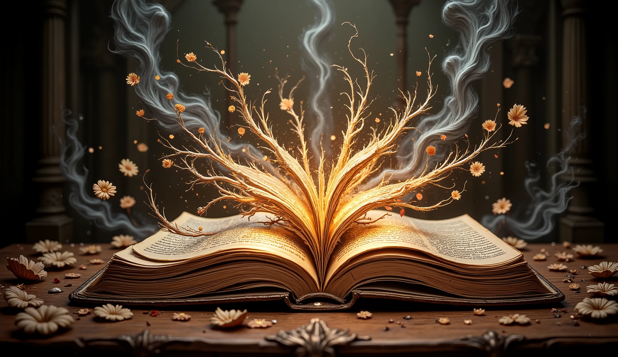 A majestic fairy-tale book, its spine gilded with intricate filigree, lays open upon a dimly lit antique desk. Double exposure reveals glowing spring’s flowers sprawling across the left page, , while summer sunny shimmers on the right,. A spectral echo of a castle in the blurred background, an unseen warmth lingering beyond the present moment. Cinematic lighting with an epic illustrated v3 style, photonic textures weaving abstract art with deco influence, a melancholic yet mesmerizing dreamscape.