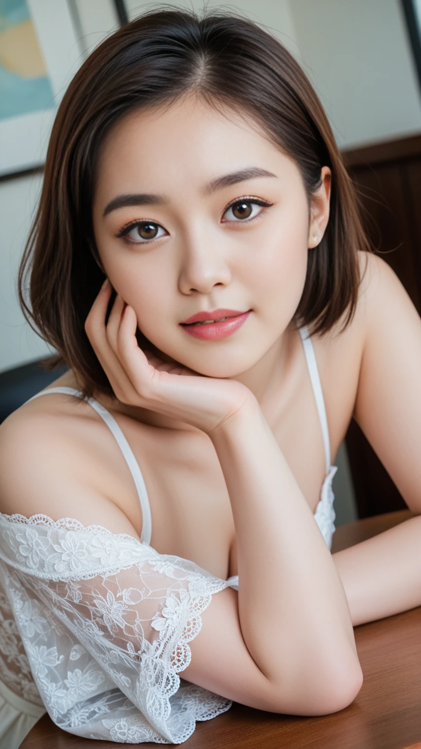 A young Japanese beautiful girl, 20-year-old, sexy girl, strikingly beautiful, black hair, big breasts, delicate facial features, porcelain skin, red lips, expressive eyes, (masterpiece:1.2, highest quality), (Realistic, photoRealistic:1.4), Beautiful illustrations, (Natural Side Lighting, Cinema Lighting), Written boundary depth, 
Looking at the audience,Front view, 1 female, Mature Woman, Perfect Face, Symmetrical face, Shiny skin, 
Beige knitted sweater、Random Hairstyles、Big eyes, Droopy eyes, long eyelashes chest), thin, Beautiful thighs、expensive、Beautiful Hair, Beautiful Face, Beautiful and beautiful eyes, Beautiful clavicle, Beautiful body, Beautiful breasts, Beautiful thighs, Beautiful legs, Beautiful fingers, 
((High-quality fabric)), smile、Tilt&#39;head、
(Beautiful views),(Bedroom Background), Are standing, (smile),  (((lingerie)))