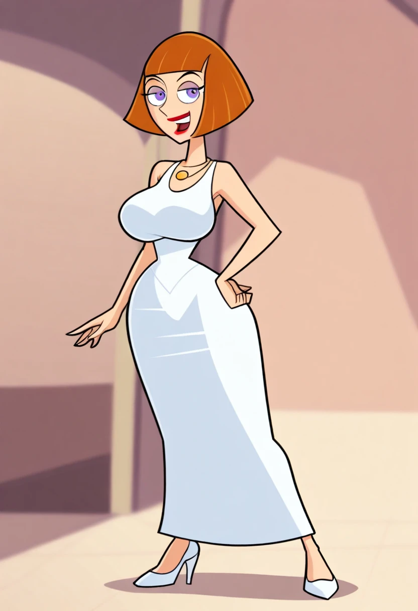 gwentennyson, (8k, RAW photo, best quality, masterpiece:1.2), (intricate details), perfect eyes, perfect face, perfect lighting, beautiful, (masterpiece:1.2), (best quality:1.2), 1girl, cartoon style, solo, redhead, green eyes, small breasts detailed vagina, smiling, strapless white skinny dress, white sandal stilettos,(feet included) (full body)