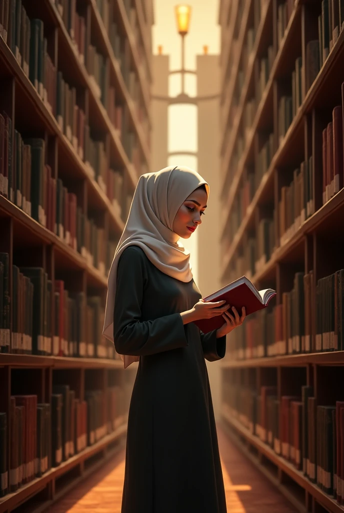 Hijabi Woman university Student, Independen, Turkey + Malaysian Mix had soft thick eyebrow, Hazel eyes, Long eyelashes, Turkey face feature, wearing Hijab turkey style, And wearing blouse muslimah colour White and Skirt Long colour black and Wearing black Sport shoes Nike, and wearing hijab colour Black. And standing at library while searching for novel.