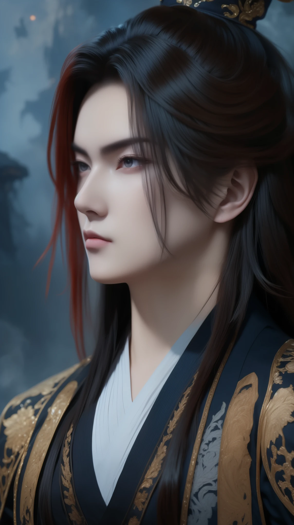''A beautiful portrait of Vuong Lam exudes a cold, majestic demeanor mixed with a bit of loneliness. His deep, dark blue eyes reflect resilience, experience and an inscrutable inner world, representing a man whose life has been shaped by countless challenges but remains steadfast. His handsome, sharp face exudes determination and intelligence. He has long flowing red hair in the ancient Xianxia style, enhancing his ethereal appearance. He wore an exquisite Xianxia-style outfit that radiated power and elegance. His outfit is in the style of the Xianxia and has blue embroidered edges, layered under a dark gray overcoat decorated with intricate sunken patterns. The color palette—black, brown, and gray—conveys maturity and mystery, blending perfectly into the world of immortals. The atmospheric background is hazy and ethereal, with subtle energy swirling around him, adding depth to his mysterious aura. The lighting is dramatic, emphasizing his noble yet melancholy presence. Incredibly detailed cinematic compositions, hyper-realistic textures, 8K resolution, fantasy-inspired masterpiece."