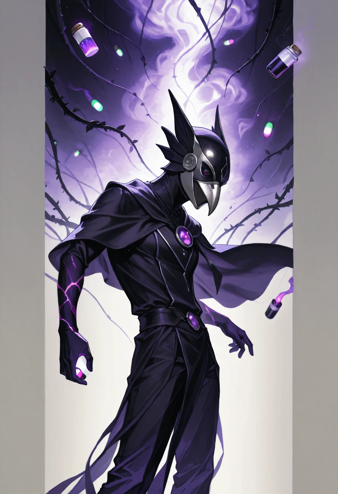 a magician in a black cape,Wearing a beak mask,Hand held glowing pill bottle,standing in a dark laboratory,surrounded by vines and dilapidated books,Dark fantasy style ,dark purple with black tones,Mysterious light and shadow effects,fluorescent liquid flowing, full of smoke, magic particle effect ,realistic photo-level detail, 8k resolution