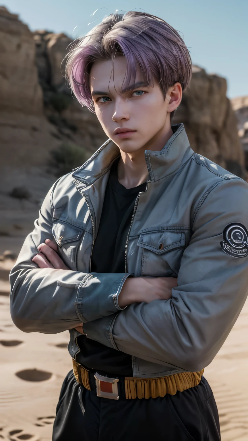 (masterpiece, best quality:1.2), cowboy shot, solo, male focus, 1boy, trunks \(dragon ball\), expressionless, closed mouth, looking at viewer, crossed arms, purple hair, blue eyes, jacket, shirt, pants, sword , in desert
