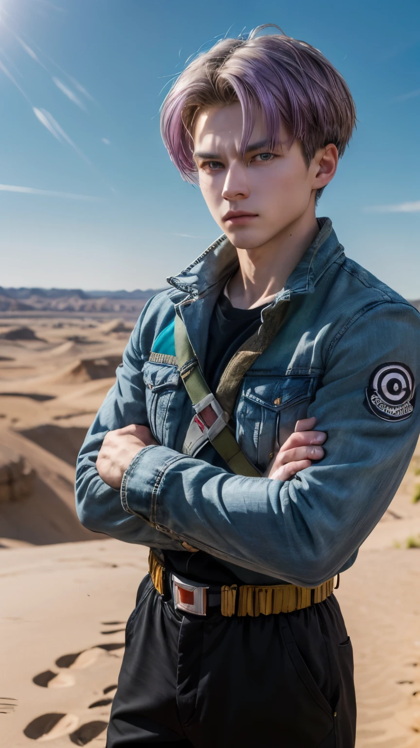 (masterpiece, best quality:1.2), cowboy shot, solo, male focus, 1boy, trunks \(dragon ball\), expressionless, closed mouth, looking at viewer, crossed arms, purple hair, blue eyes, jacket, shirt, pants, sword , in desert