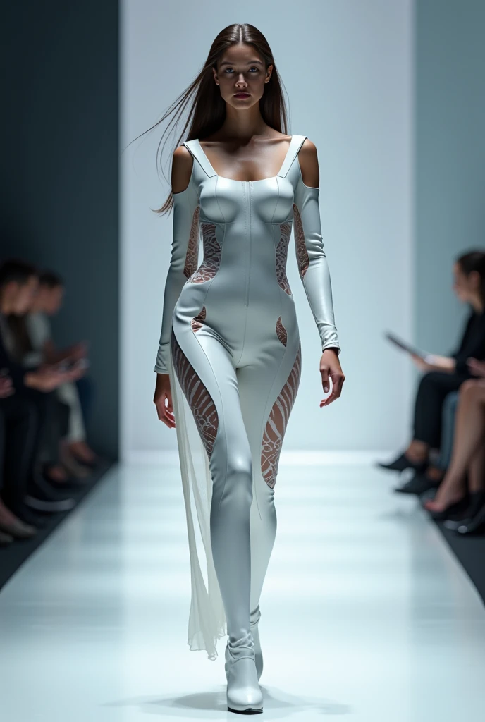 araffed woman in a silver bodysuit walking down a runway, futuristic and ethereal, very futuristic, wearing futuristic, futuristic fashion, futuristic tech wear, chrome bodysuit, thierry mugler, futuristic fashion show, intricate body, futuristic clothes, bodysuit, futuristic attire, mugler, futuristic look, futuristic fashion clothing, futuristic style, futuristic clothing, wearing futuristic clothing