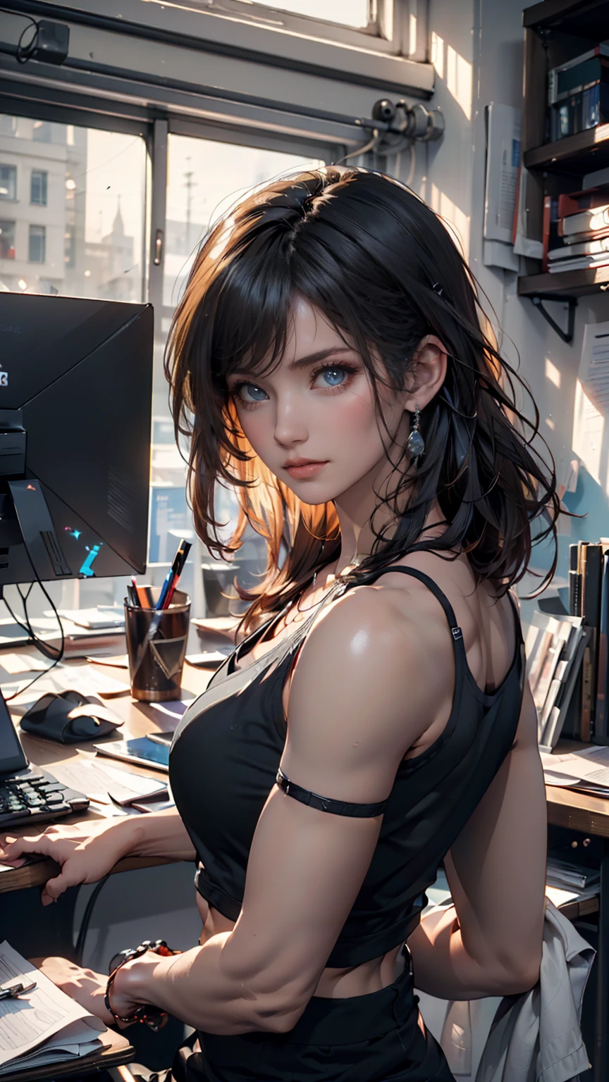ultra-detailed, cute woman, petite stature, enormous breasts, white skin, alluring figure, black long messy hair, watery eyes, long uper eye lashes, contemptuous gaze, blush on cheeks, seductive smile, ((engrossed in staring at the computer screen)), seated in a gaming chair, ((hands moving on the keyboard)), ((messy gaming room)), black RGB gaming headset, black short bandeau top, white miniskirt, Black sexy panties, black-framed glasses, black thigh-high stockings, cleavage, legs spread apart, Leaking panties, Glasses reflect light from screen, dark and messy room, screen light, HDR, Premium shade, Perfect painting, Best quality, super detail