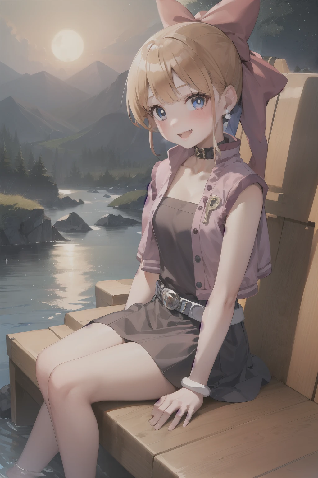 1girl, ppgzbs, standing, blue eyes, long greyish brown hair, half up and half down, hair bow, bangs, earrings, black choker, blue vest, blue skirt, belt, sitting, smile, night, mountain, river