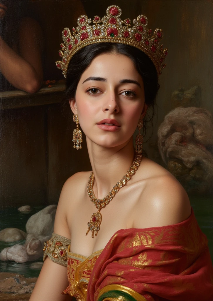 Looks like Anushka Shetty, Masterpiece, Best quality, high clarity eyes, beautifully styled hair, critically flawless,sharp picture, Full portrait, High pixels, perfect face, perfect eyes, beautiful face, perfect hands,perfect fingers, in Peter Paul Rubens style, by Peter Paul Rubens, baroque style, acrylic on canvas, highly detailed, description: "Create a nymph inspired by the tales of Greek or Roman mythology, embodying the essence of a natural element or location, and possessing a unique ability or trait that sets her apart."