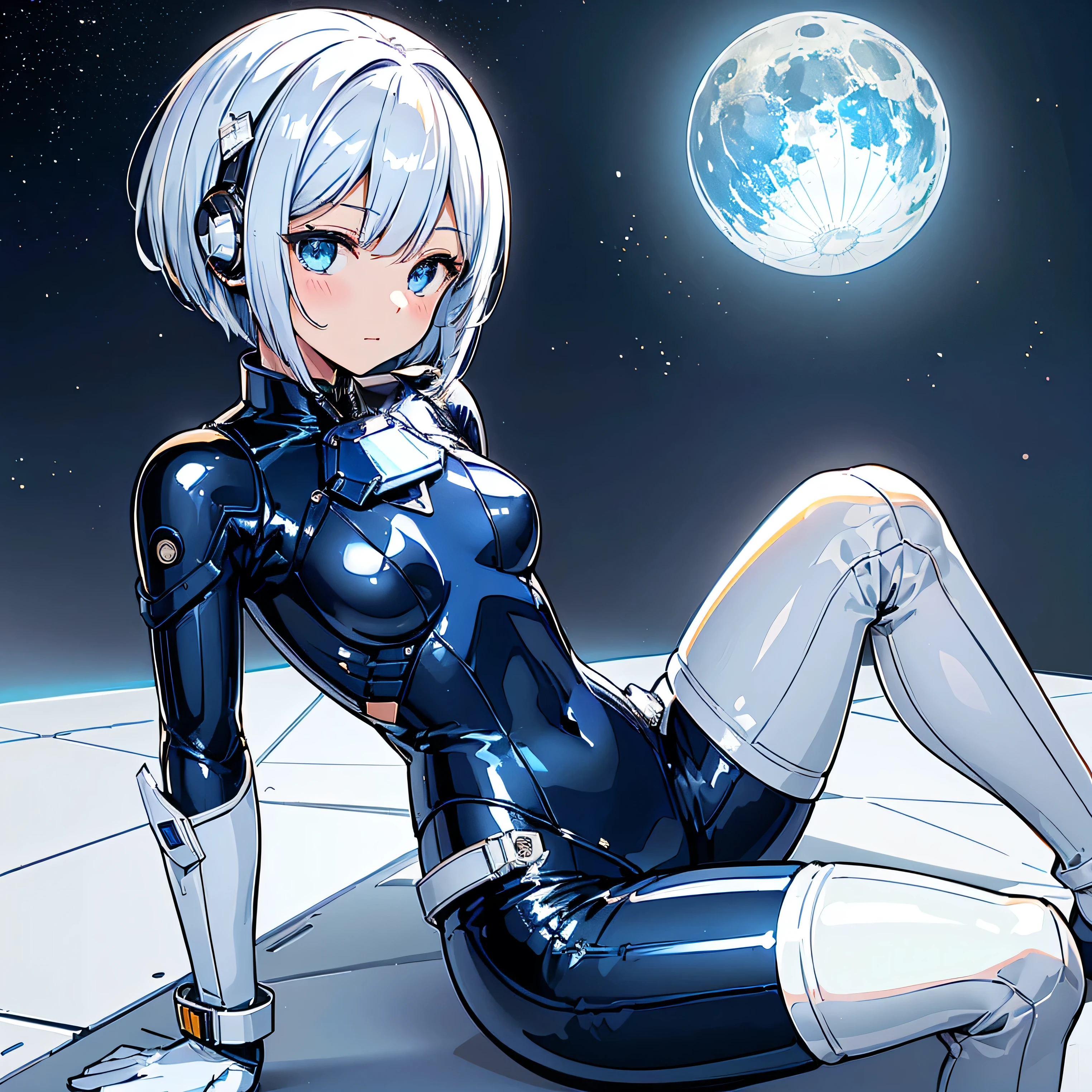 ( Masterpiece、top quality、 highest resolution、 Clear Images 、 Detailed Details ):(whole body、 20 year old girl、The Face of Japan、Small face、 slim、 dark blue super short bob cut hair 、(Hidden small breasts:1.3)、 Sparkling Blue Eyes 、white and navy blue shiny pilot suit、Chest protection armor、 tight clothes、whole bodyを覆うwhite and navy blue shiny pilot suit、魅力的なwhite and navy blue shiny pilot suit、 fitted pants 、肌を隠すwhite and navy blue shiny pilot suit、very delicate and beautiful、胸を隠すwhite and navy blue shiny pilot suit、肩を隠すwhite and navy blue shiny pilot suit、 detailed skin、太ももを隠すwhite and navy blue shiny pilot suit、お尻を隠すwhite and navy blue shiny pilot suit、 cute、 gentle smile、 kind expression、heroine、 headset、 long boots、 elbow length gloves 、Eye shot 、 peace talks between fighting factions 、attention arousal、Clever Blue Eyes 、straight face )、Spaceship、Moon in the background、 Galactic Clouds in the Background 、Meteor Shower、Meteor Shower、Saturn、Neptune、comet