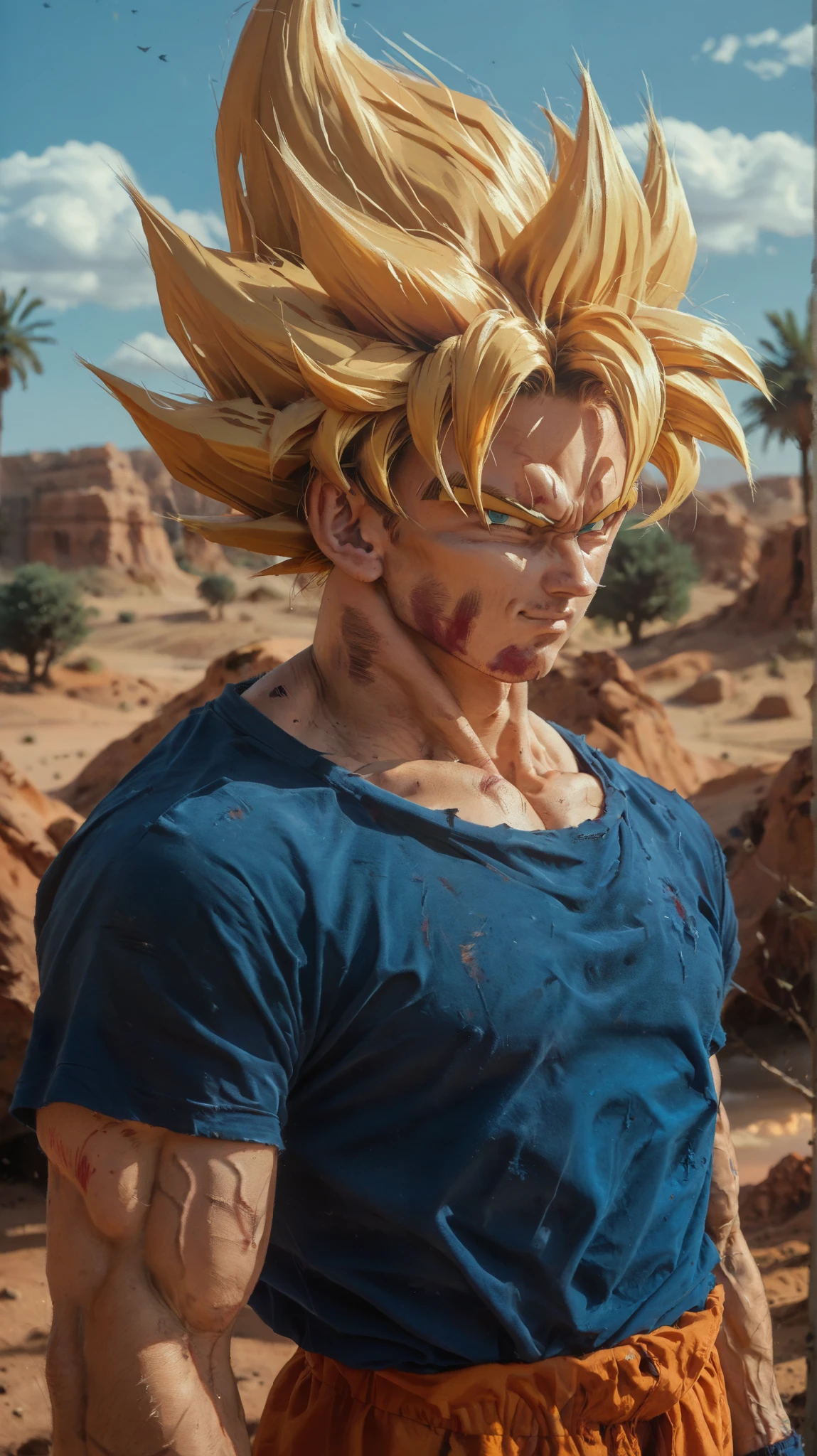score_9, score_8_up, score_7_up, score_6_up,rating_questionable,portrait,((Solo:1.0)),(Son goku), without a shirt,(super expresive), ultradetailed, masterpiece, best quality, highres, in desert, montains, clouds, trees