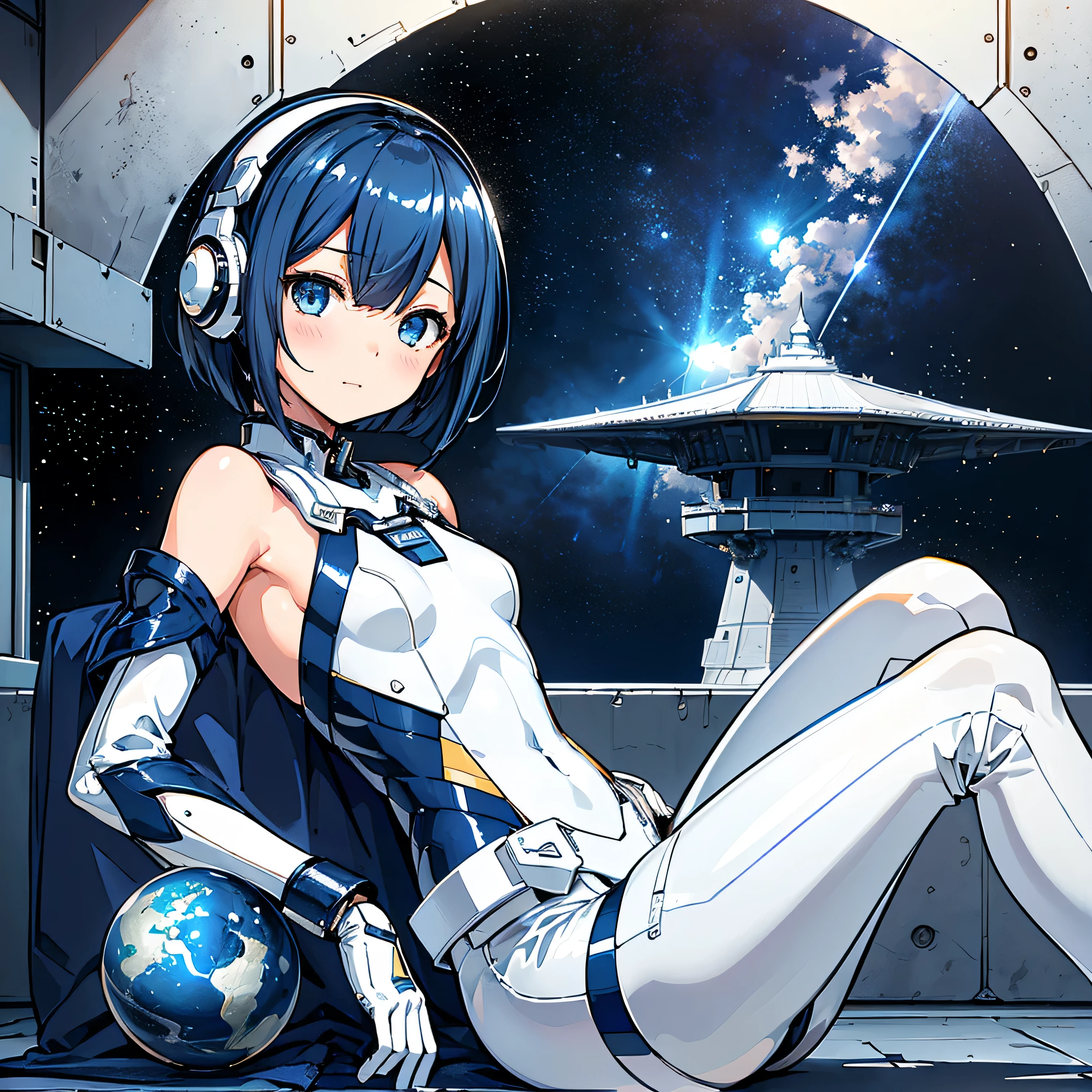 ( Masterpiece、top quality、 highest resolution、 Clear Images 、 Detailed Details ):(whole body、 20 year old girl、The Face of Japan、Small face、 slim、 dark blue super short bob cut hair 、(Hidden small breasts:1.3)、 Sparkling Blue Eyes 、white and navy blue shiny pilot suit、Chest protection armor、 tight clothes、whole bodyを覆うwhite and navy blue shiny pilot suit、魅力的なwhite and navy blue shiny pilot suit、 fitted pants 、肌を隠すwhite and navy blue shiny pilot suit、very delicate and beautiful、胸を隠すwhite and navy blue shiny pilot suit、肩を隠すwhite and navy blue shiny pilot suit、 detailed skin、太ももを隠すwhite and navy blue shiny pilot suit、お尻を隠すwhite and navy blue shiny pilot suit、 cute、 gentle smile、 kind expression、heroine、 headset、 long boots、 elbow length gloves 、Eye shot 、 peace talks between fighting factions 、attention arousal、Clever Blue Eyes 、straight face )、Spaceship、Moon in the background、 Galactic Clouds in the Background 、Meteor Shower、Meteor Shower、Saturn、Neptune、comet