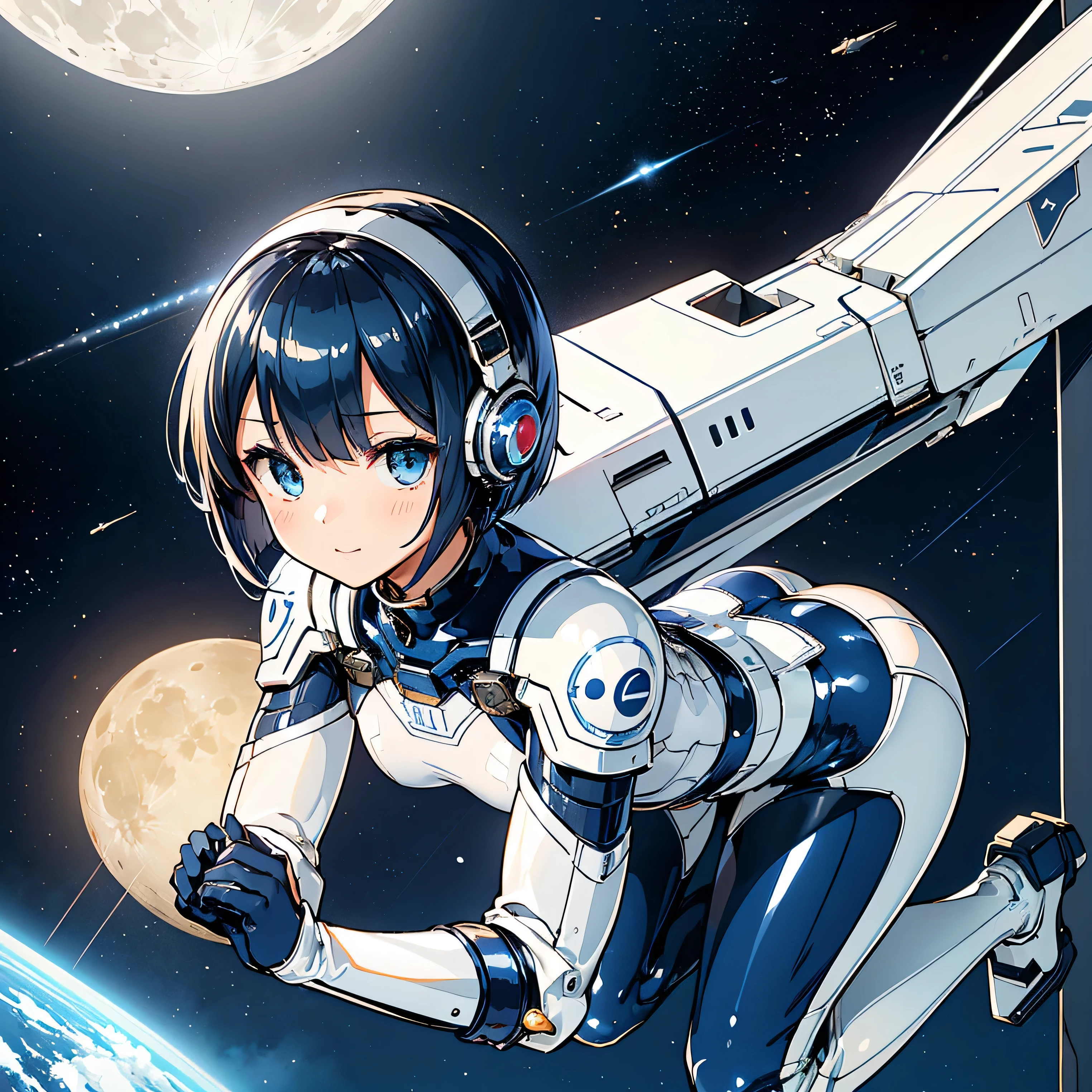 ( Masterpiece、top quality、 highest resolution、 Clear Images 、 Detailed Details ):(whole body、 20 year old girl、The Face of Japan、Small face、 slim、 dark blue super short bob cut hair 、(Hidden small breasts:1.3)、 Sparkling Blue Eyes 、white and navy blue shiny pilot suit、Chest protection armor、 tight clothes、whole bodyを覆うwhite and navy blue shiny pilot suit、魅力的なwhite and navy blue shiny pilot suit、 fitted pants 、肌を隠すwhite and navy blue shiny pilot suit、very delicate and beautiful、胸を隠すwhite and navy blue shiny pilot suit、肩を隠すwhite and navy blue shiny pilot suit、 detailed skin、太ももを隠すwhite and navy blue shiny pilot suit、お尻を隠すwhite and navy blue shiny pilot suit、 cute、 gentle smile、 kind expression、heroine、 headset、 long boots、 elbow length gloves 、Eye shot 、 peace talks between fighting factions 、attention arousal、Clever Blue Eyes 、straight face )、Spaceship、Moon in the background、 Galactic Clouds in the Background 、Meteor Shower、Meteor Shower、Saturn、Neptune、comet