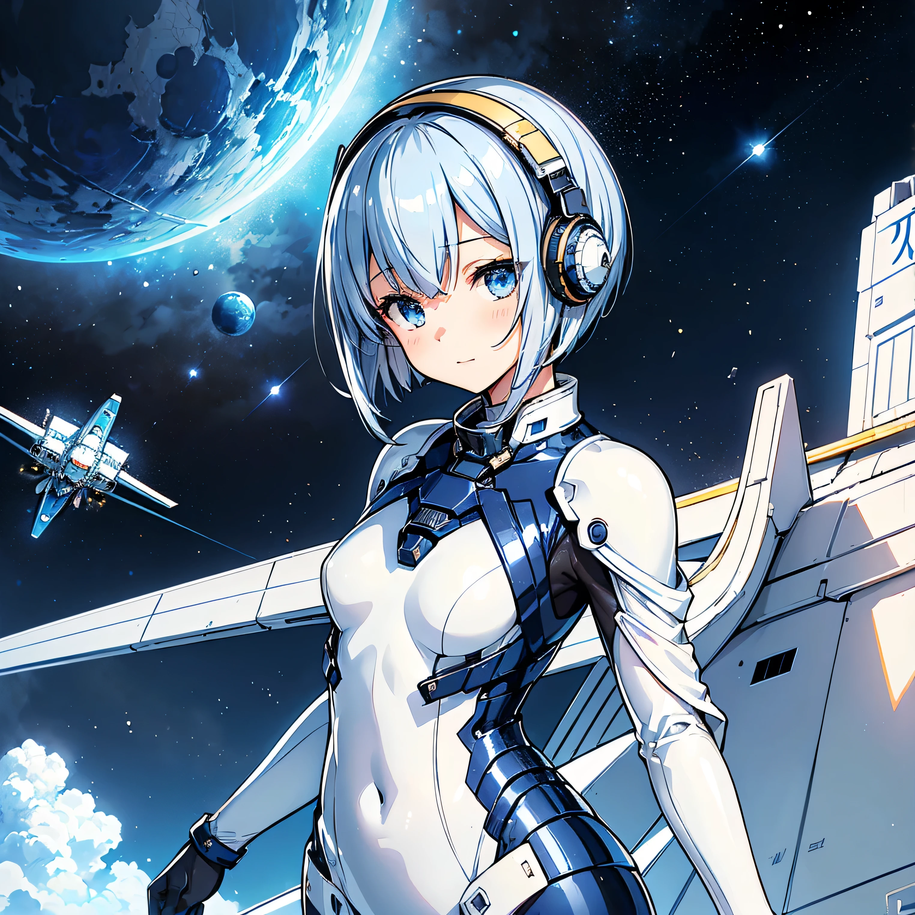 ( Masterpiece、top quality、 highest resolution、 Clear Images 、 Detailed Details )：(whole body、 20 year old girl、The Face of Japan、Small face、 slim、 dark blue super short bob cut hair 、(Hidden small :1.3)、 Sparkling Blue Eyes 、white and navy blue shiny pilot suit、Chest protection armor、 tight clothes、whole bodyを覆うwhite and navy blue shiny pilot suit、魅力的なwhite and navy blue shiny pilot suit、 fitted pants 、肌を隠すwhite and navy blue shiny pilot suit、very delicate and beautiful、胸を隠すwhite and navy blue shiny pilot suit、肩を隠すwhite and navy blue shiny pilot suit、 detailed skin、太ももを隠すwhite and navy blue shiny pilot suit、おを隠すwhite and navy blue shiny pilot suit、 cute、 gentle smile、 kind expression、heroine、 headset、 long boots、 elbow length gloves 、Eye shot 、 peace talks between fighting factions 、attention arousal、Clever Blue Eyes 、straight face )、Spaceship、Moon in the background、 Galactic Clouds in the Background 、Meteor Shower、Meteor Shower、Saturn、Neptune、comet