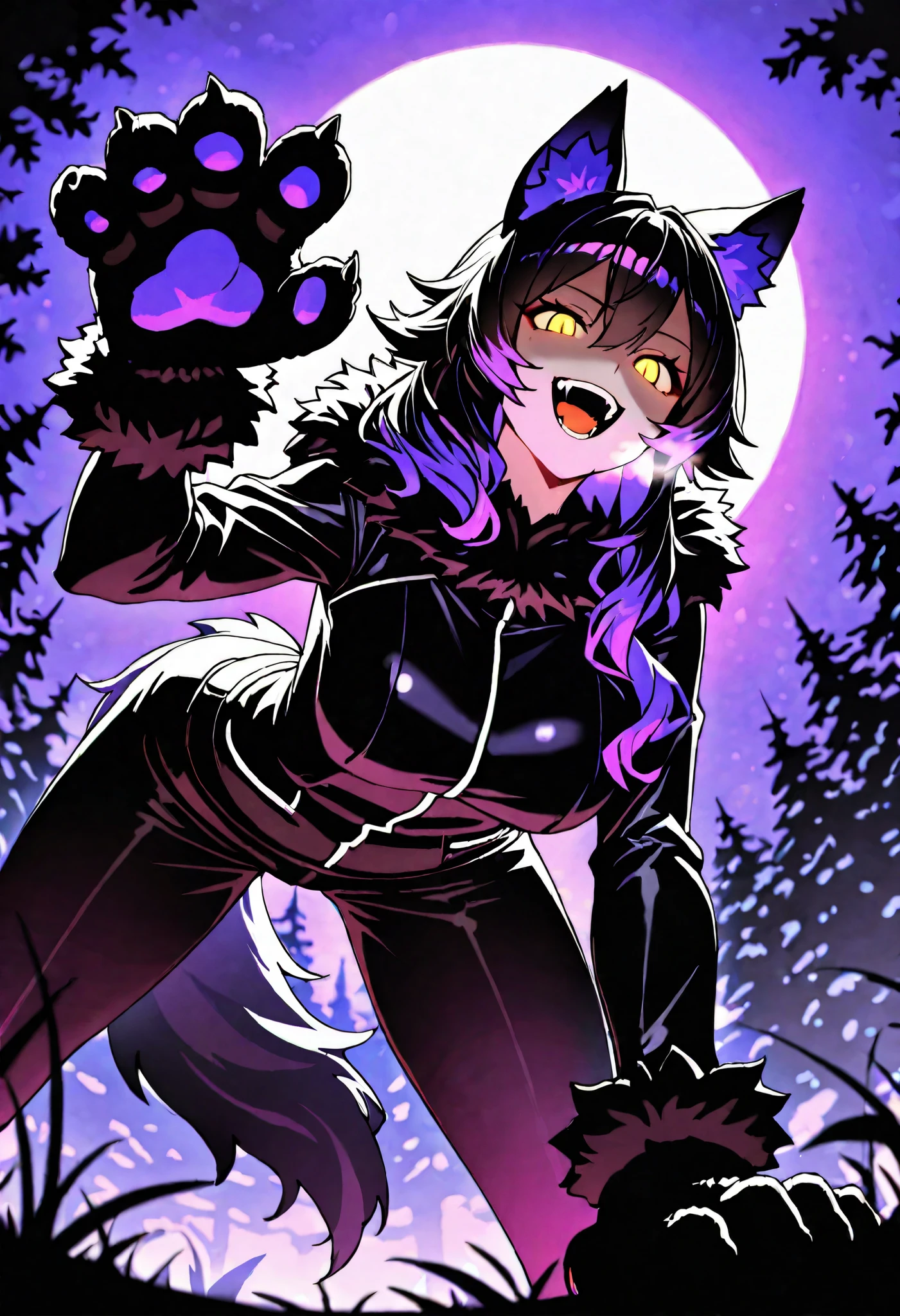 (EyesHD:1.2), masterpiece, best quality, ultra-detailed, very aesthetic, sharp focus, depth of field, vibrant colors, ray tracing, best lighting, detailed illustration, detailed background, cinematic, beautiful face, beautiful eyes, 1girl, purple theme, wolf ears, wolf paws, wolf tail, wolfgirl, fur, yellow eyes, slit pupils, moon, night, long hair, hair over shoulder, wavy hair, multicolored hair, purple hair, black hair, ((sharpness)), high contrast, (evil smile), open mouth, shaded face, glowing eyes, breath, detailed eyes, perfect eyes, from below, leaning forward, hand up, outstretched hand