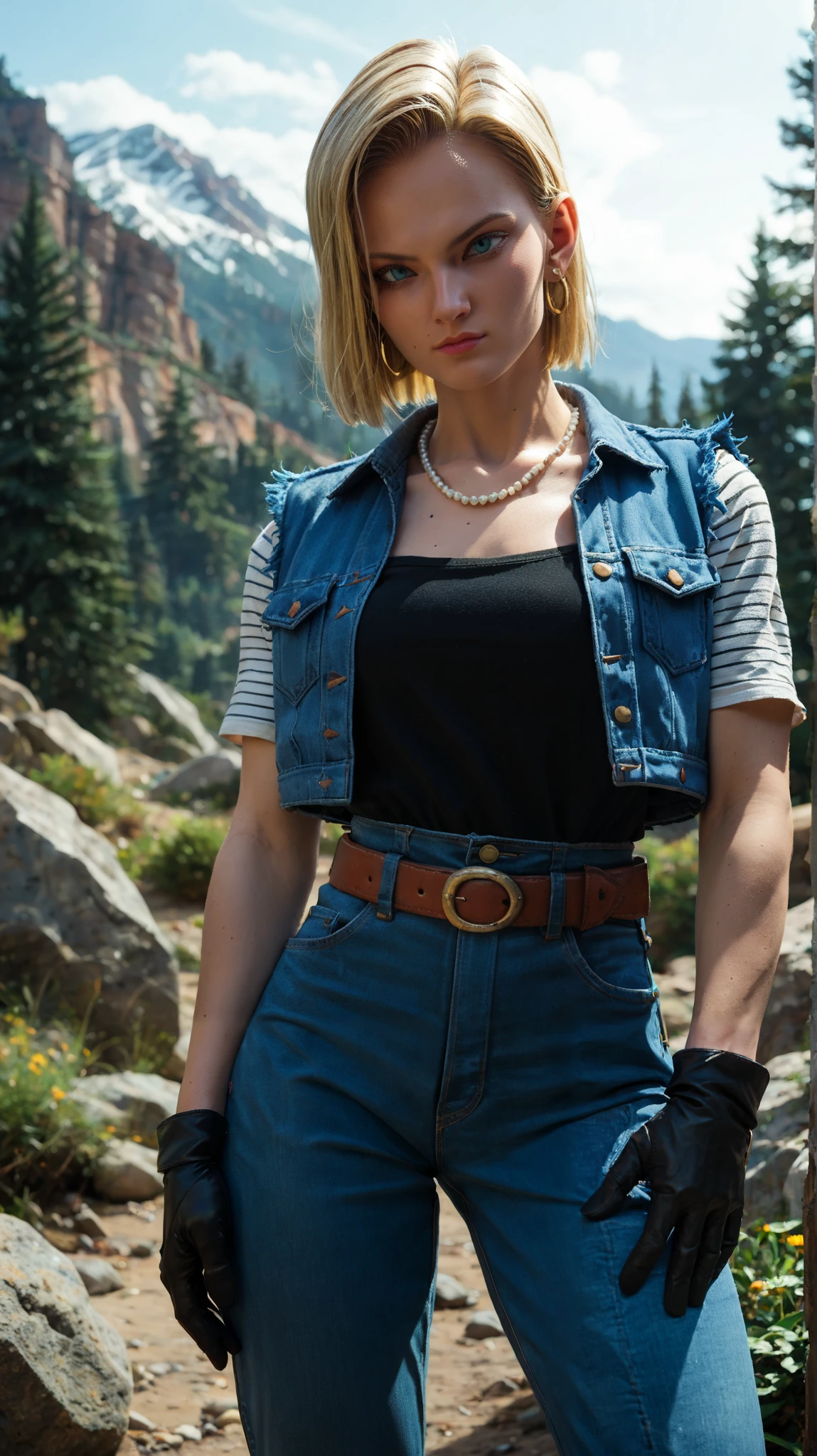 score_9,score_8_up,score_7_up,score_9,score_8_up,score_8,ultra detailed,beautiful face,highres BREAK Android18SDXL,1girl,solo,short hair,blue eyes,blonde hair,gloves,jewelry,earrings,black gloves,belt,pants,necklace,vest,denim,jeans,pearl necklace,high-waist pants,android 18,cowboy shot,mountains, trees , stones , desert background