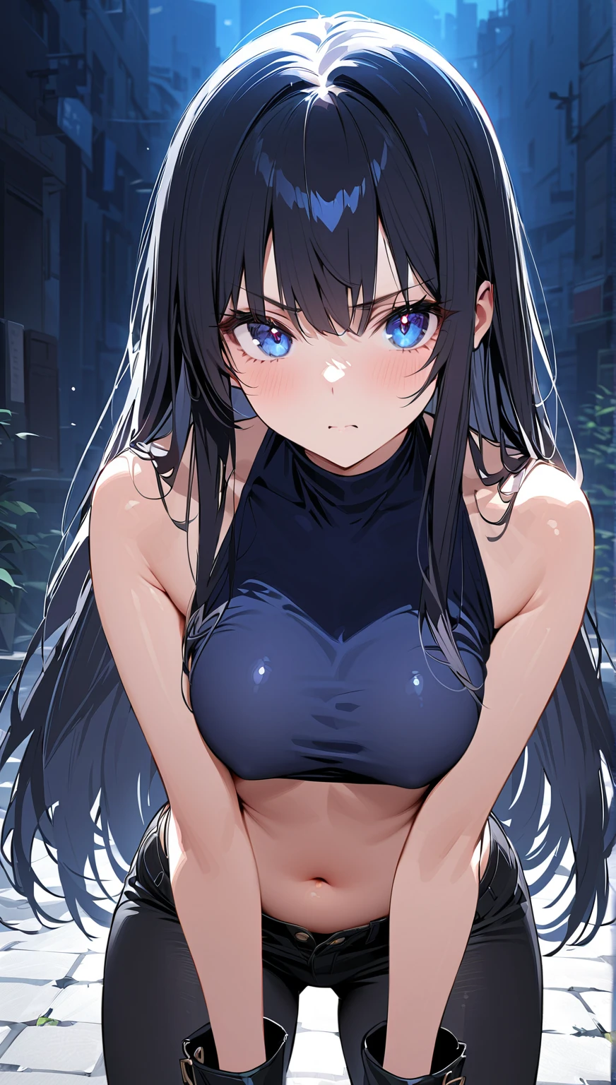 bangs, sidelocks, black hair, long hair, black hairband, perfect shiny hair, blue eyes, ultra-detailed eyes, iridescent shiny eyes,, , , empty eyes , large breasts, solo, nipple, , Heavy snowfall area, Freezing wet crying ,naked, flooding, lightning, inferno, running, bloodshed