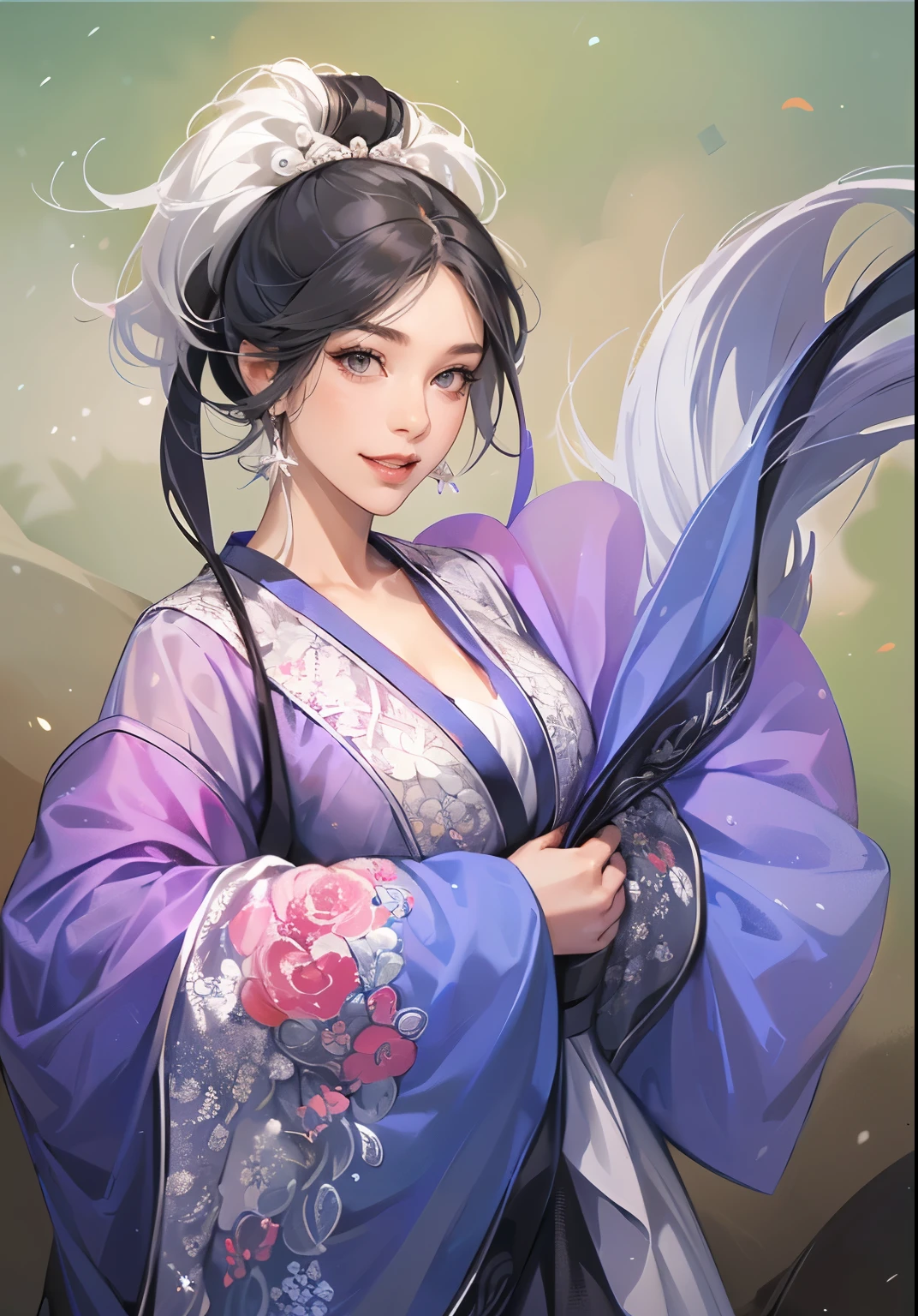 (((Maintain color ))), ((( picture style maintenance ))), ((Maintain the composition)), attractive woman , perfect face,((black eyes)), (( white hair )), , (( gray hair )), ( big boobs), (( with a view of the chest valley )), 작은 smile, smile